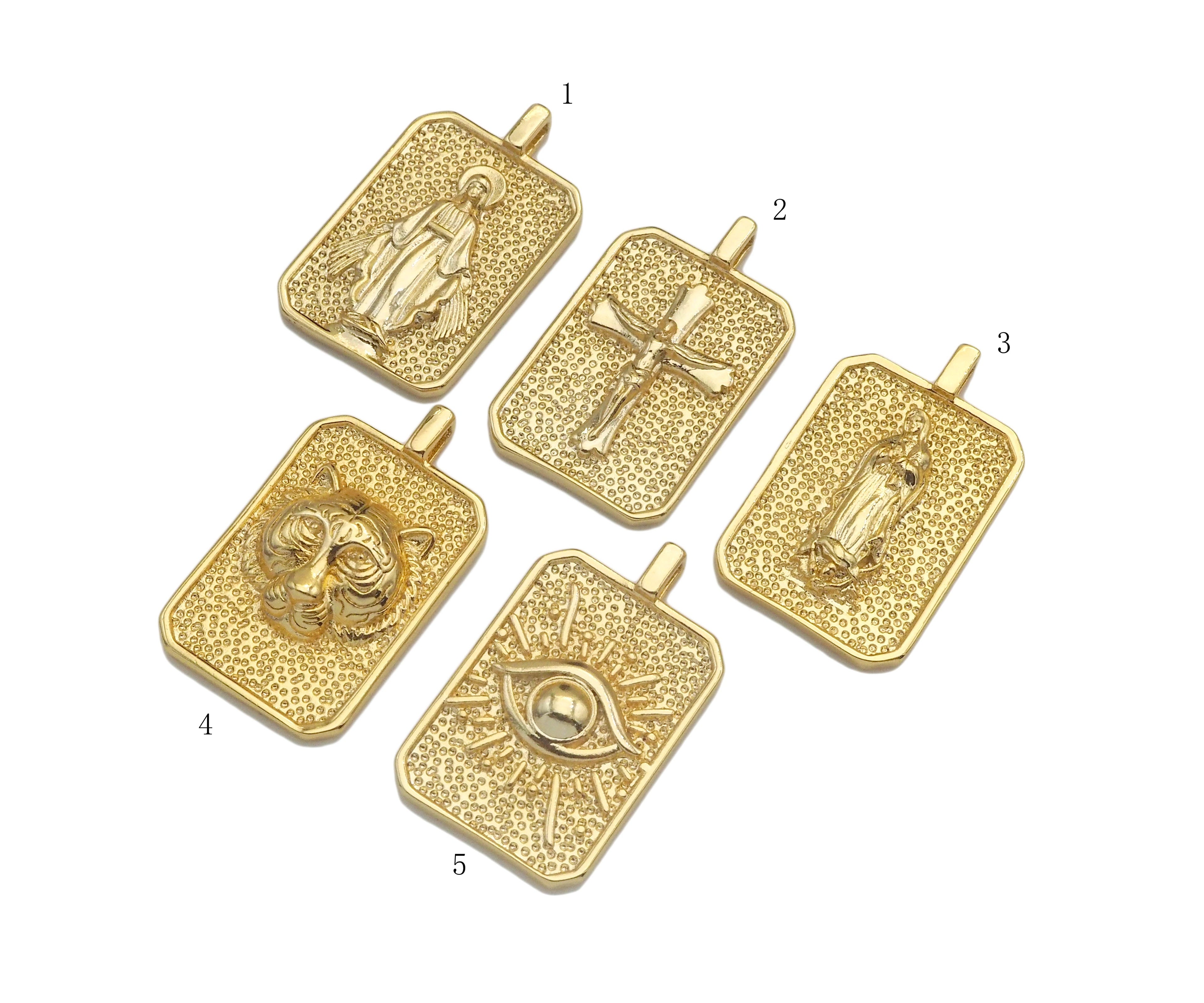 18K Dainty Gold Cross Evil Eye Vigin Mary On Rectangle Charm,Lion Head Medallion Charm, Necklace Bracelet Pendant,16x26mm, Sku#FH150