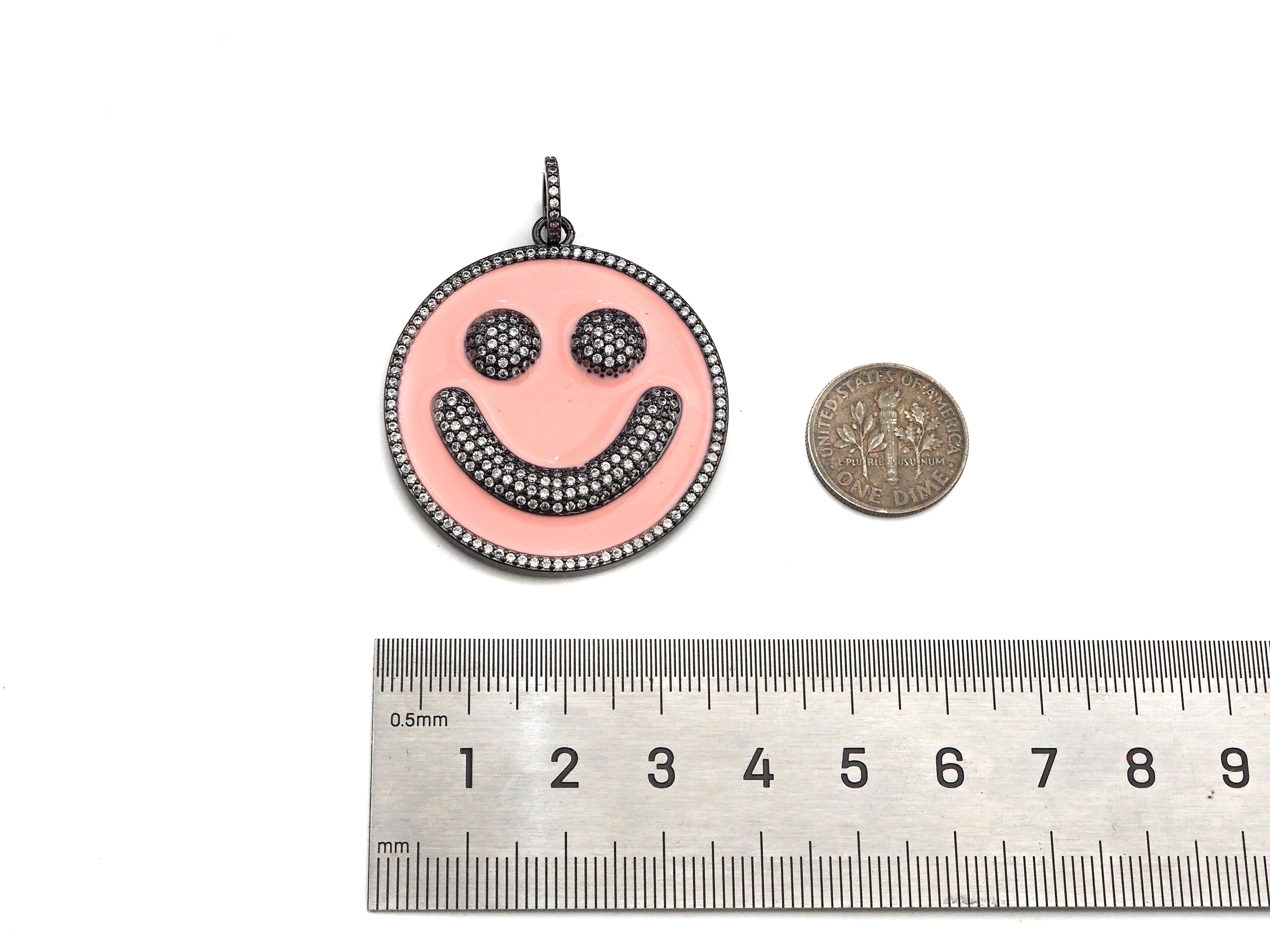 Large Pave Enamel Pink Smiley Face 38mm Pendant, Cubic Zirconia Pave Pendant, Happy face charm, Pink Smiley Face, Sku#ML41