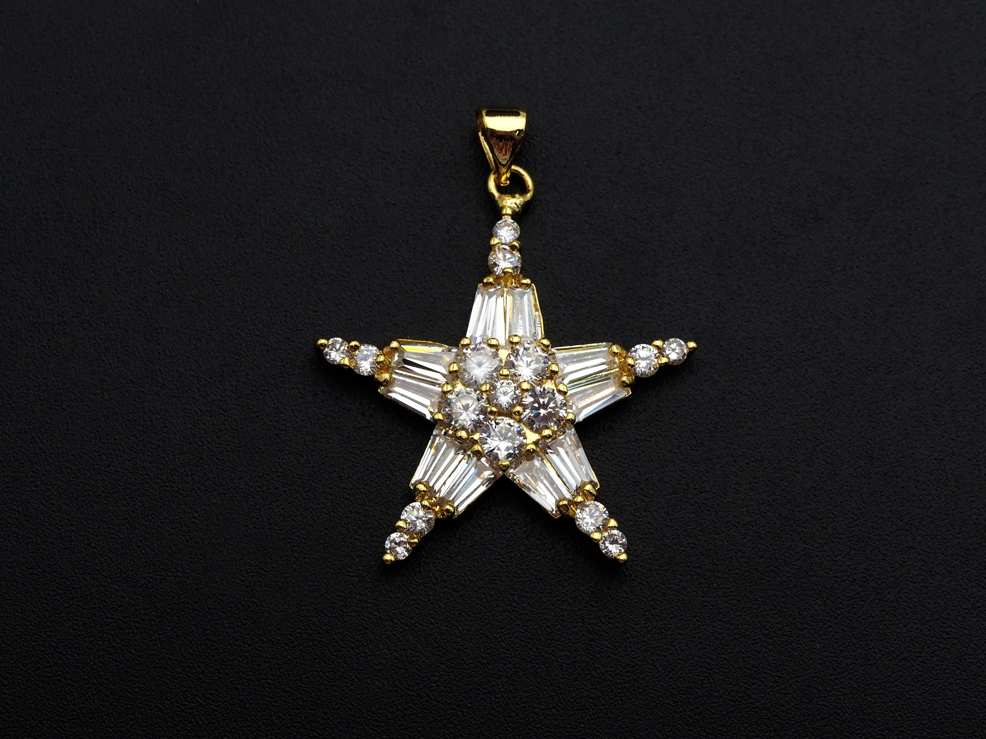 Bagette CZ Micro Pave Five Star Shape Pendant, Cubic Zirconia Pendant, Silver/Gold Tone, 30mm, Sku#FH67
