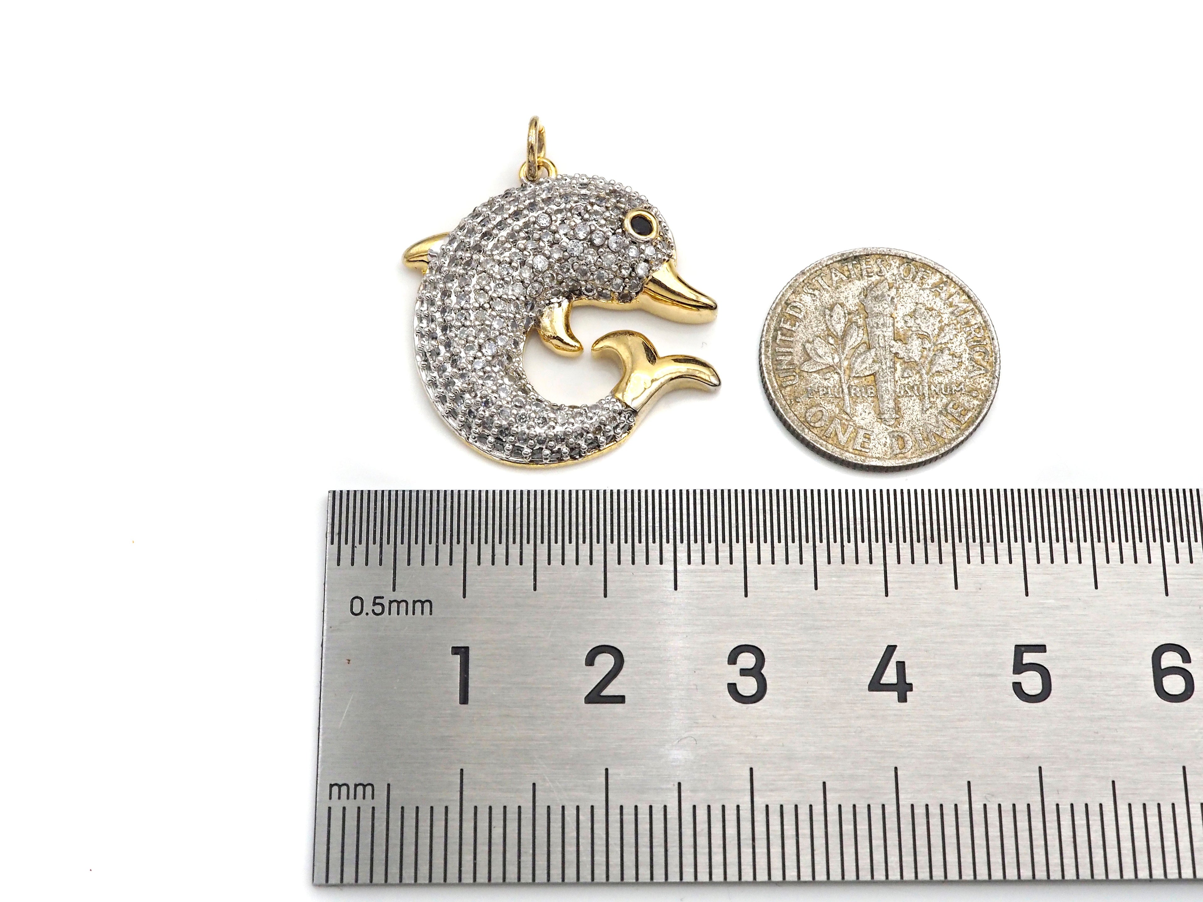 Gold Dolphin Shape CZ Micro Pave Charms,  23x25mm, Sku#F1278C