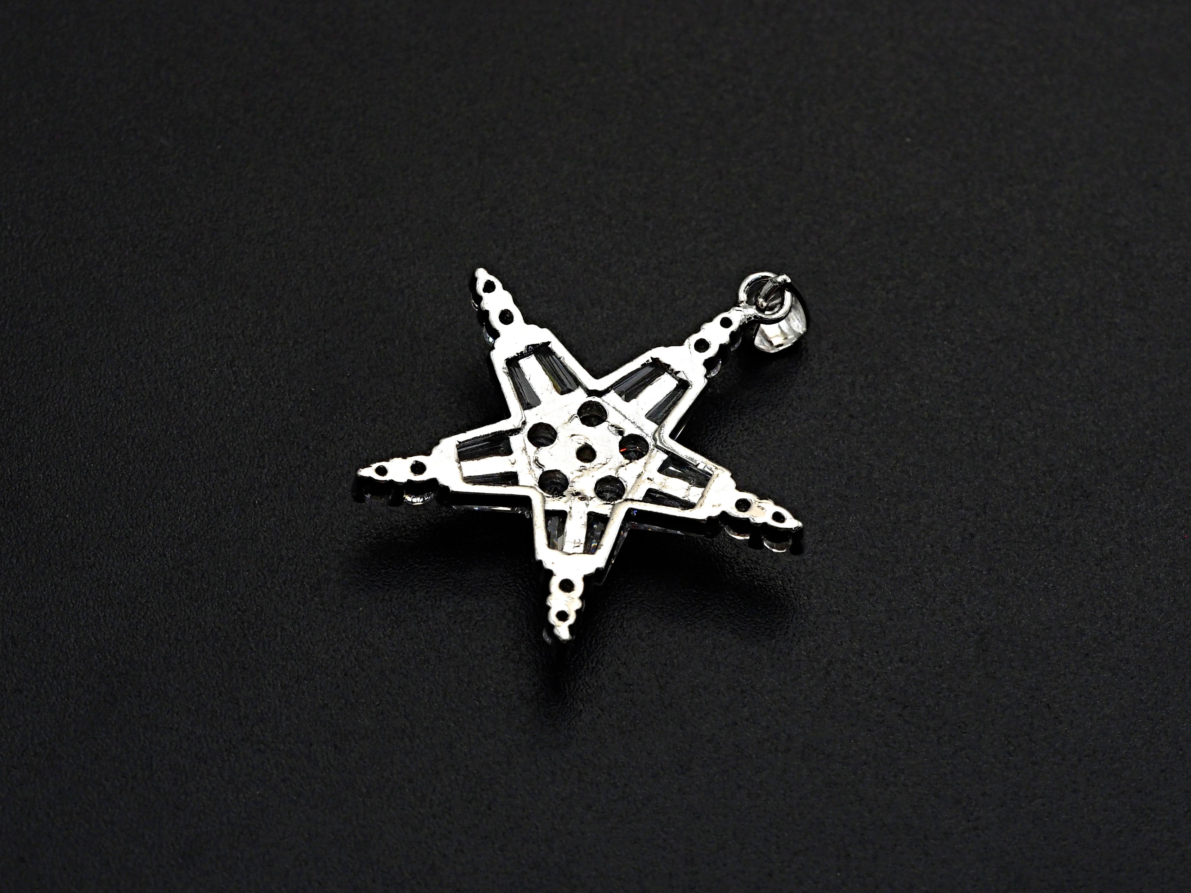 Bagette CZ Micro Pave Five Star Shape Pendant, Cubic Zirconia Pendant, Silver/Gold Tone, 30mm, Sku#FH67