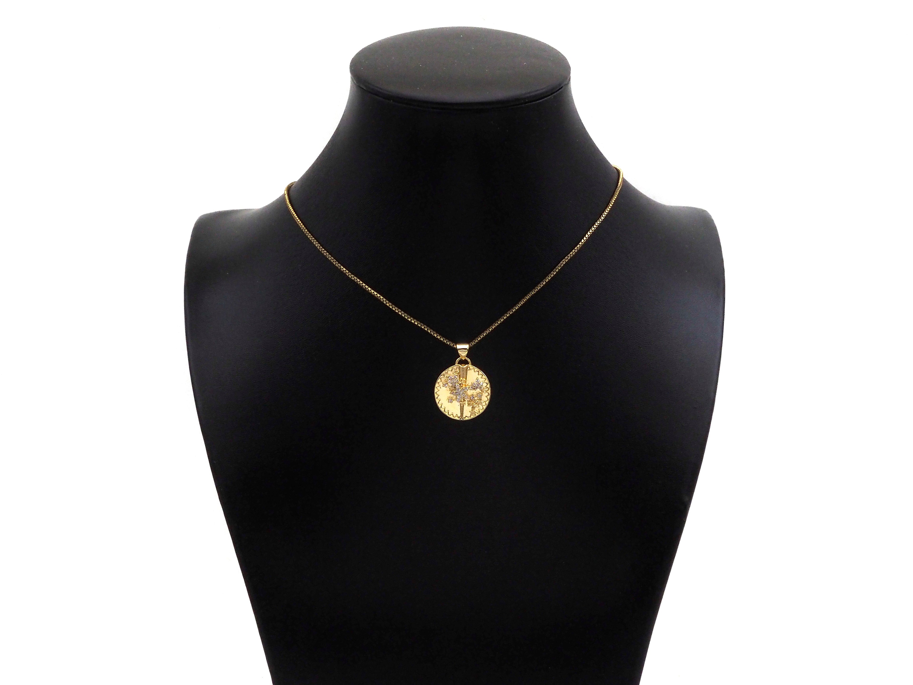 CZ Micro Pave Embossed Blossom Thorn Coin Shape Pendant, 18K Gold Medallion Charm, Necklace Bracelet Charm Pendant,18mm,Sku#FH166