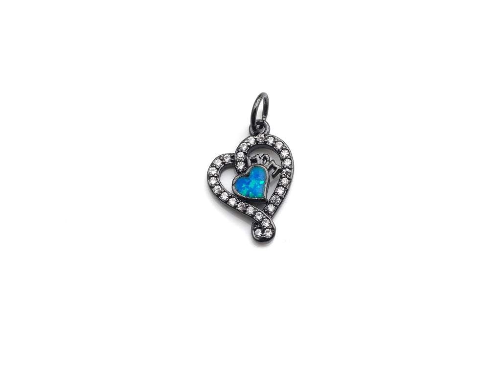 Clear CZ Micro Pave Blue Opal Heart Pendant,Cubic Zirconia Opal Heart Charm, Gold/Silver/Rose Gold/Black Tone, 12x17mm, sku#Z1028
