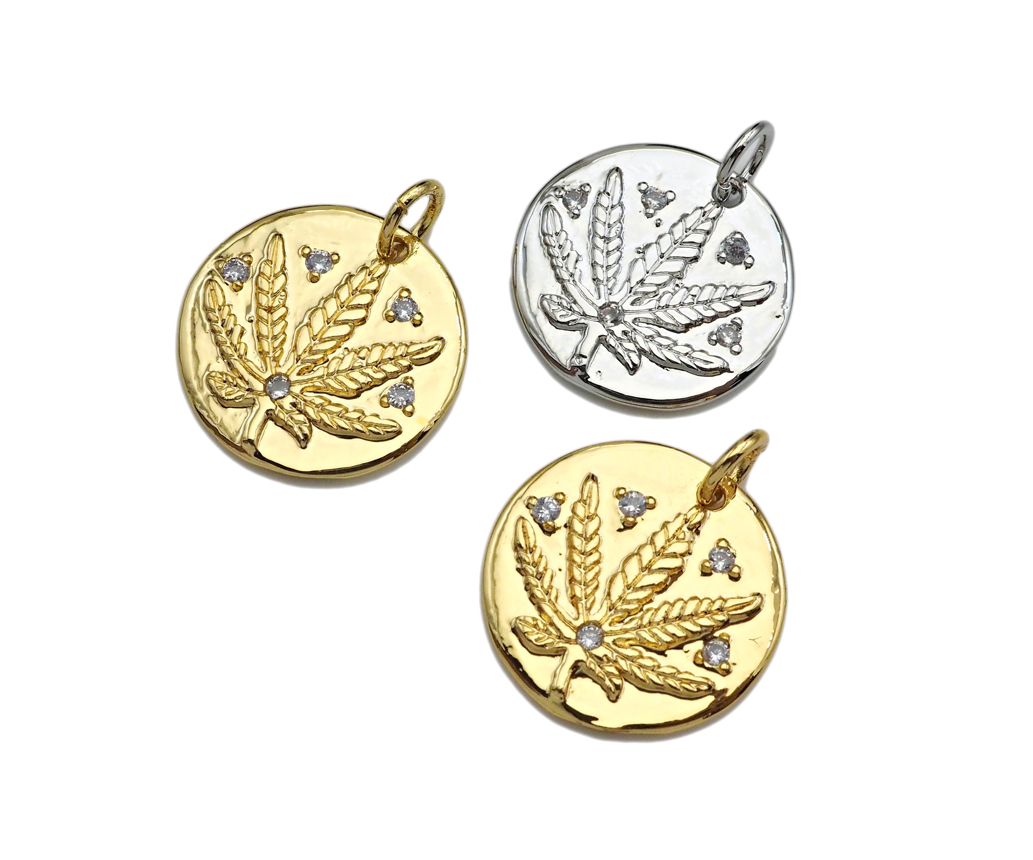 CZ Micro Pave Maple Leaf  On Round Coin Pendant/Charm,Cubic Zirconia Charm, Necklace Bracelet Charm Pendant,16x16mm, Sku#L407