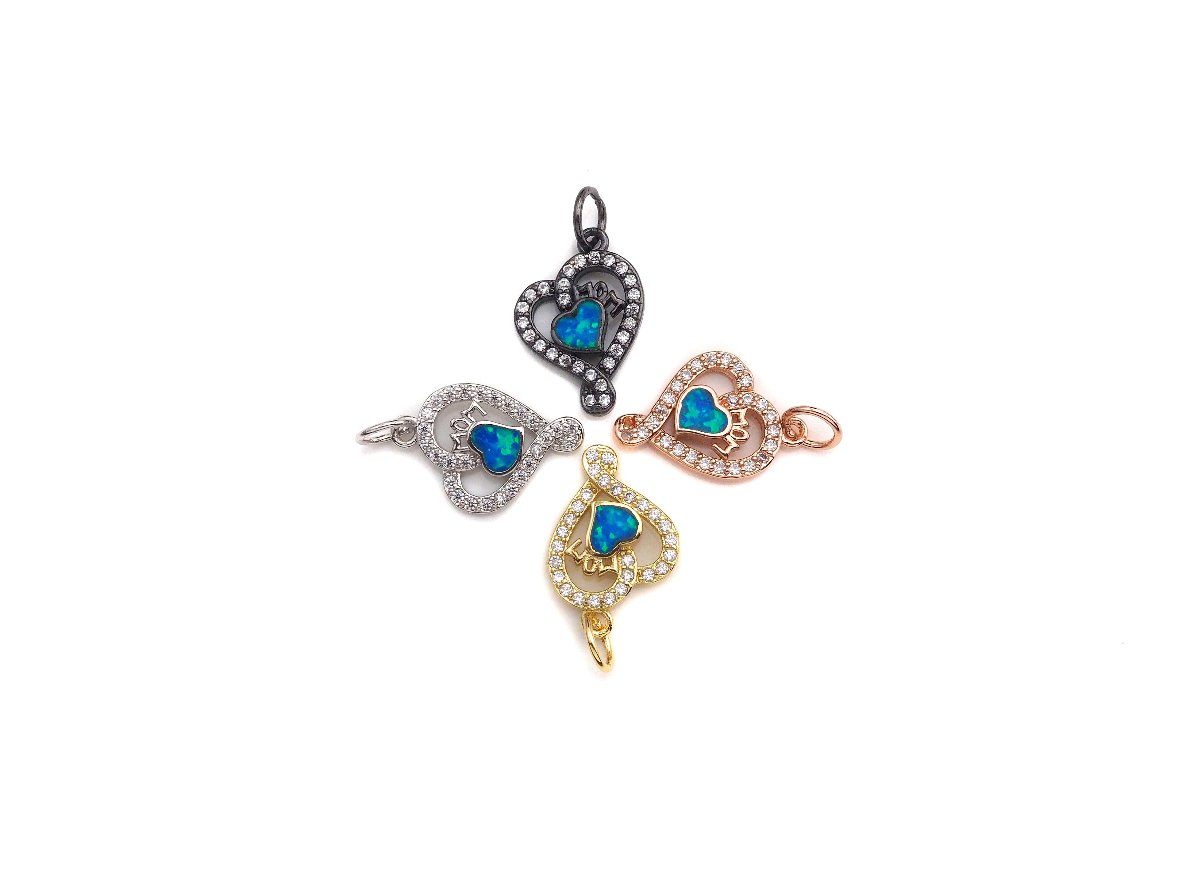 Clear CZ Micro Pave Blue Opal Heart Pendant,Cubic Zirconia Opal Heart Charm, Gold/Silver/Rose Gold/Black Tone, 12x17mm, sku#Z1028