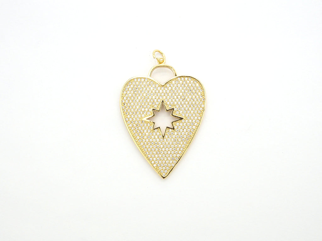 CZ Micro Pave Heart Pendant/Focal with Hollow out Star, Cubic Zirconia Large Heart Pendant Charm,48x33mm,sku#F519