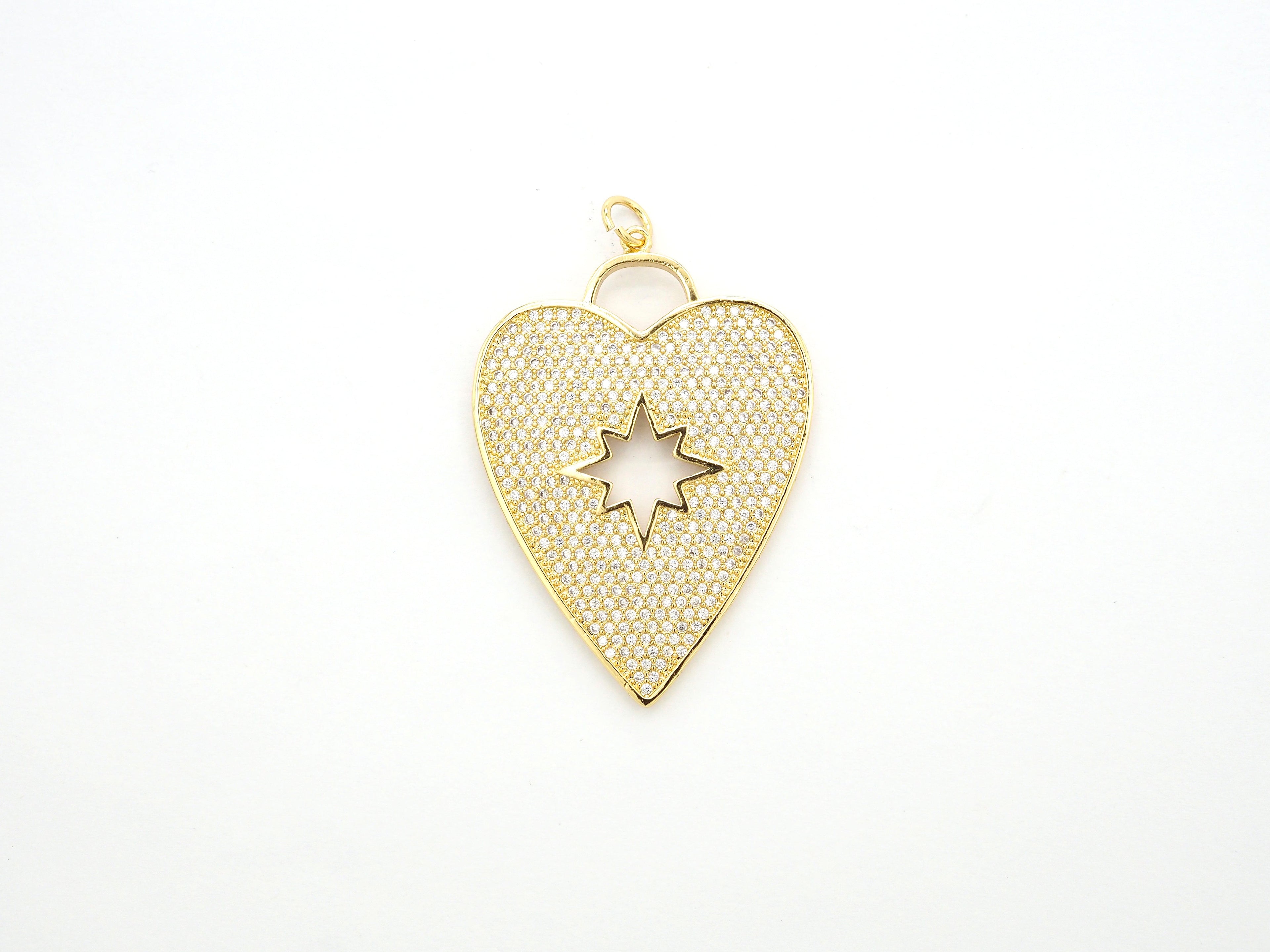 CZ Micro Pave Heart Pendant/Focal with Hollow out Star, Cubic Zirconia Large Heart Pendant Charm,48x33mm,sku#F519