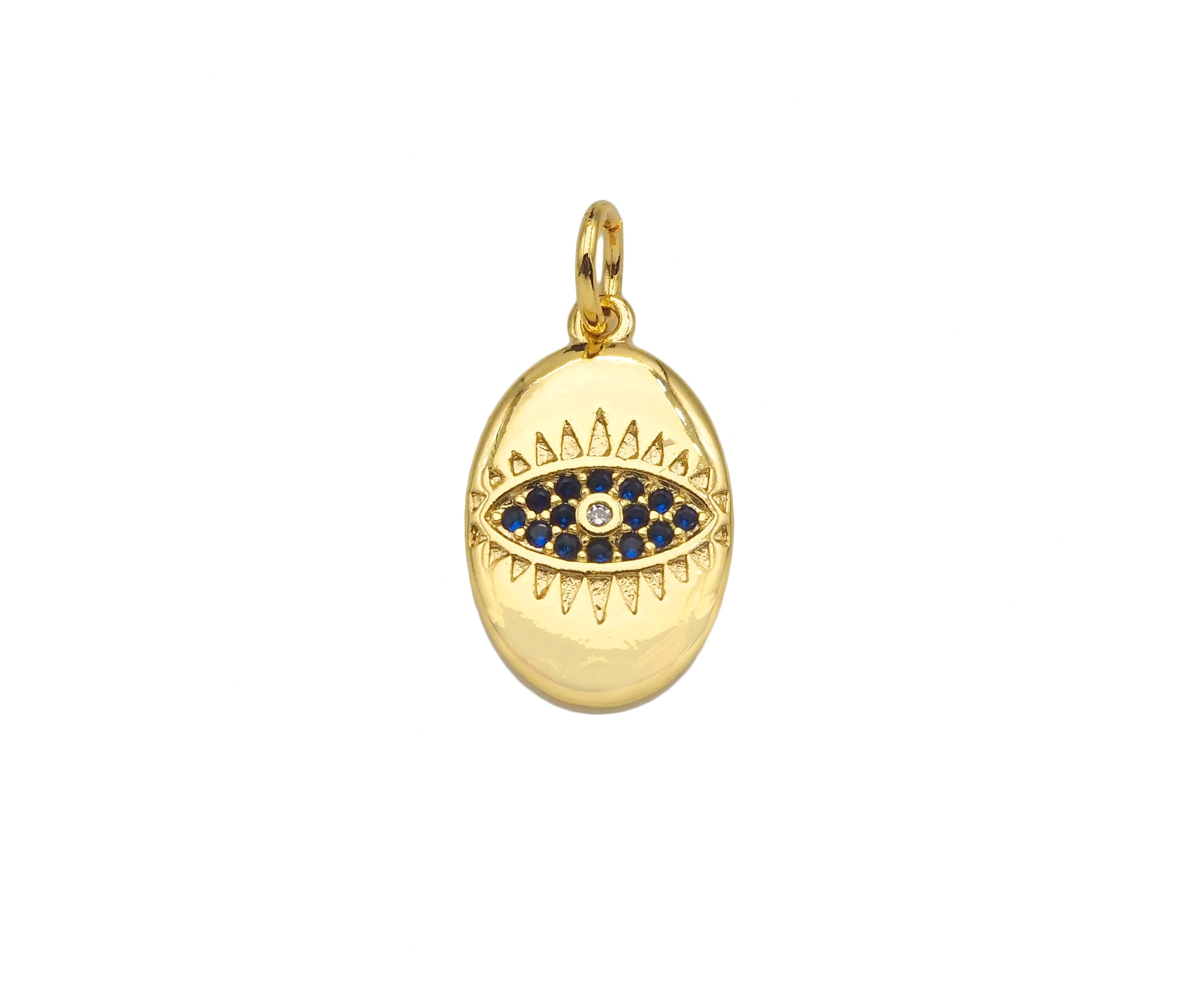 Cobalt Blue CZ Micro Pave Evil Eye On Oval Shape Pendant, 18K Gold Medallion Charm, Necklace Bracelet Charm Pendant,10x16mm,Sku#FH168