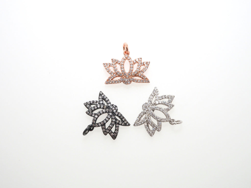 CZ Micro Pave lotus Flower Charm, Lotus Flower Cubic Zirconia Pendant,Gold/Silver/Black, Yoga Charm Findings, 15x19mm,SKU#F481