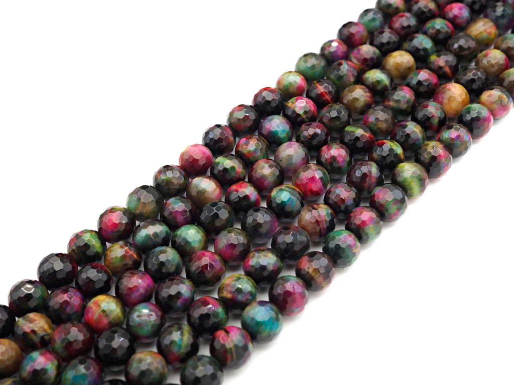 Multicolor Natural Faceted Tiger Eye Beads, 8mm/10mm/12mm Facted Galaxy Color Tiger Eye,15.5" Full Strand, SKU#UA205
