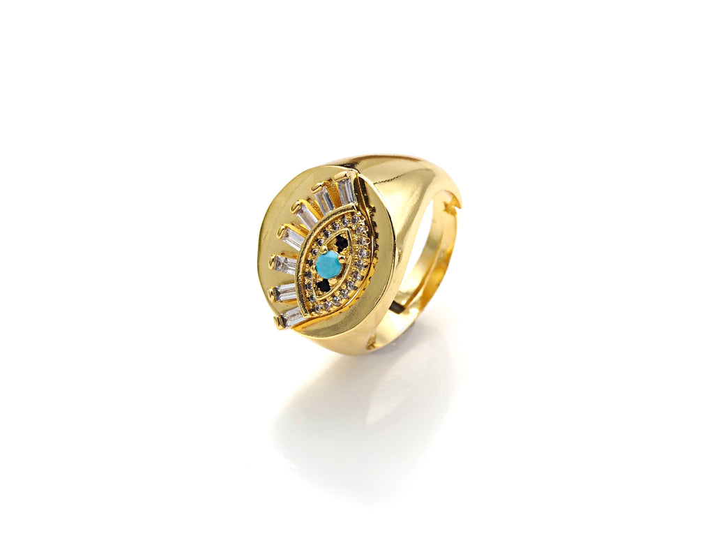 Colorful CZ  Evil Eye With Long Eyelash Open Ring, Sku#Z787