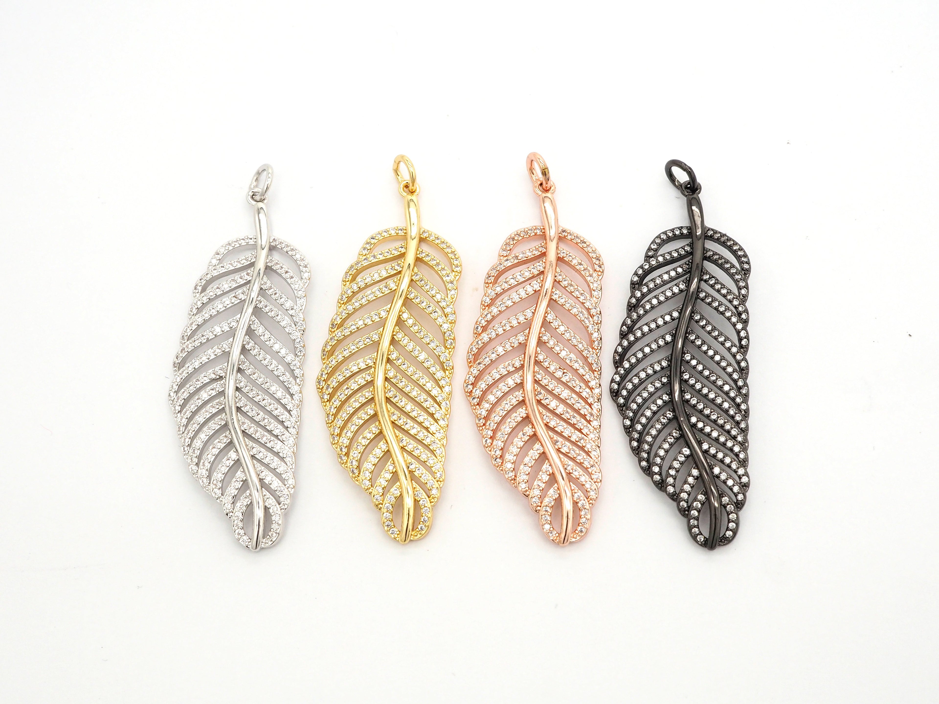 56mm Large CZ Micro Pave Leaf Pendant with Jump Ring, Gold/Silver/Black/Rose Gold Plated, Cubic Zirconia Leaf Pendant/Charm,sku#F512