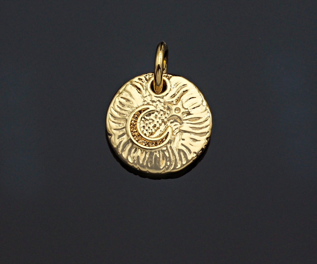 CZ Micro Pave Moon Star On Round Coin Shape Pendant, Gold/Silver Plated Jewelry, Necklace Bracelet Charm Pendant, 10mm,sku#F1230