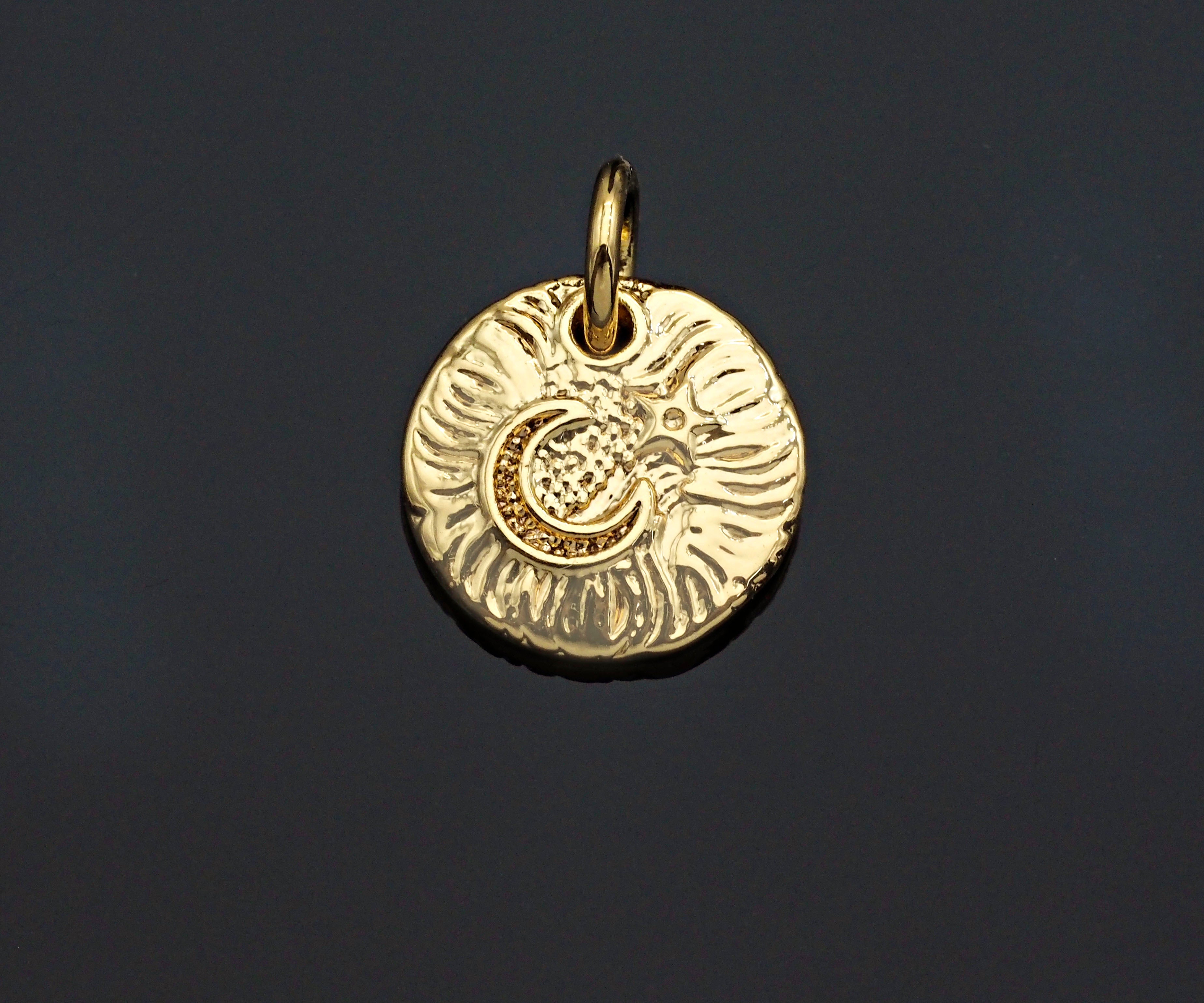 CZ Micro Pave Moon Star On Round Coin Shape Pendant, Gold/Silver Plated Jewelry, Necklace Bracelet Charm Pendant, 10mm,sku#F1230