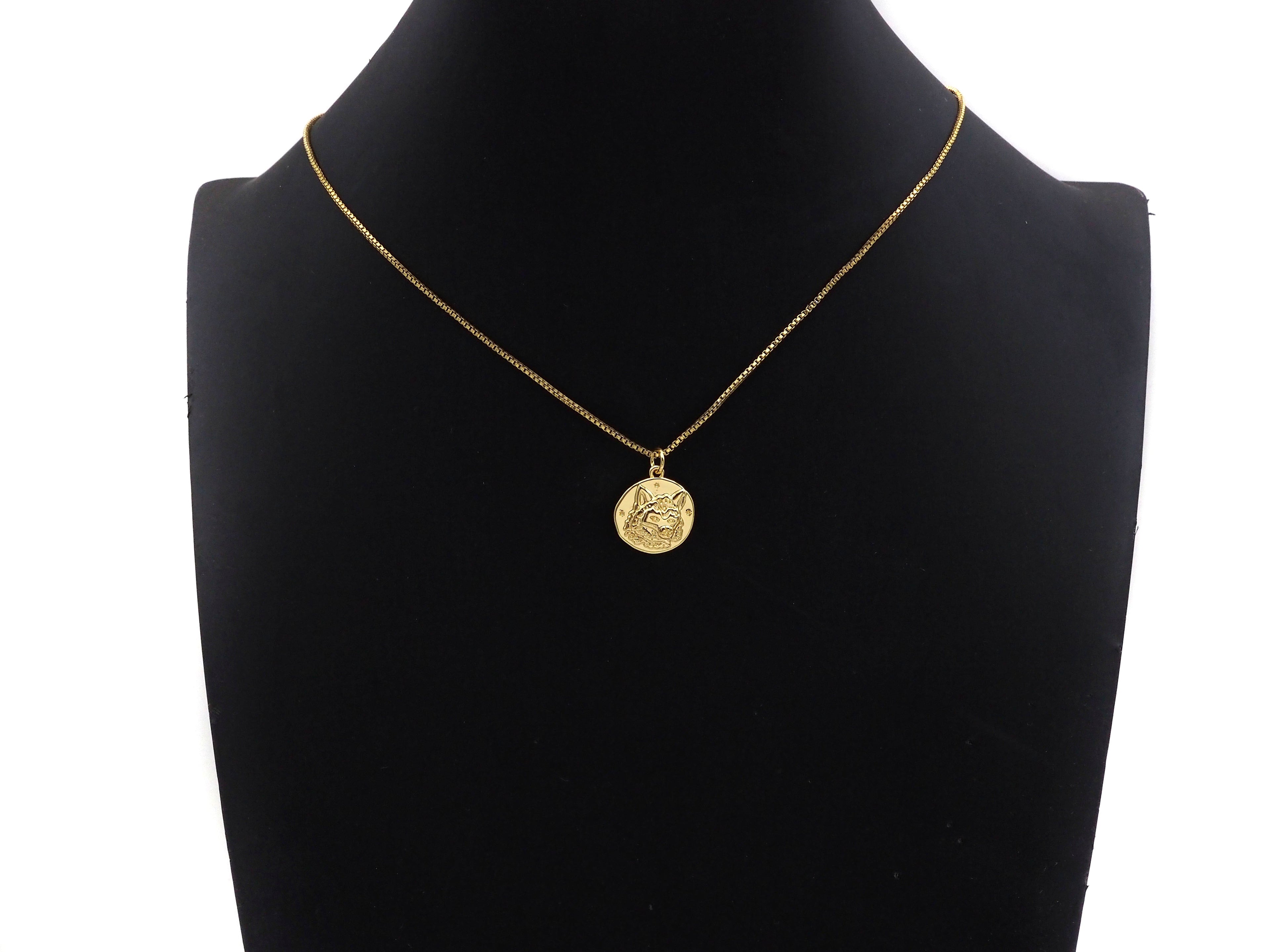 CZ Micro Pave Embossment Wolf Head On Round Coin Pendant/Charm, Sku#L409