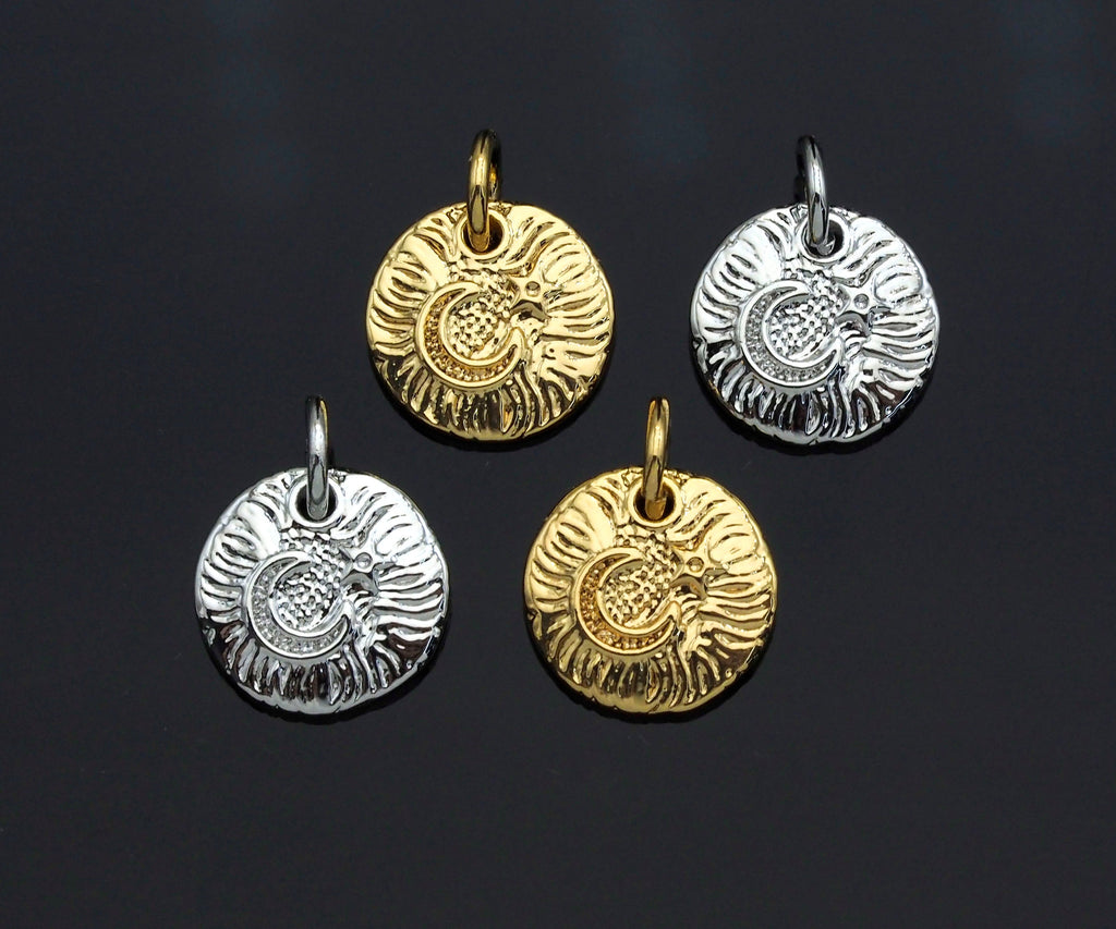 CZ Micro Pave Moon Star On Round Coin Shape Pendant, Gold/Silver Plated Jewelry, Necklace Bracelet Charm Pendant, 10mm,sku#F1230