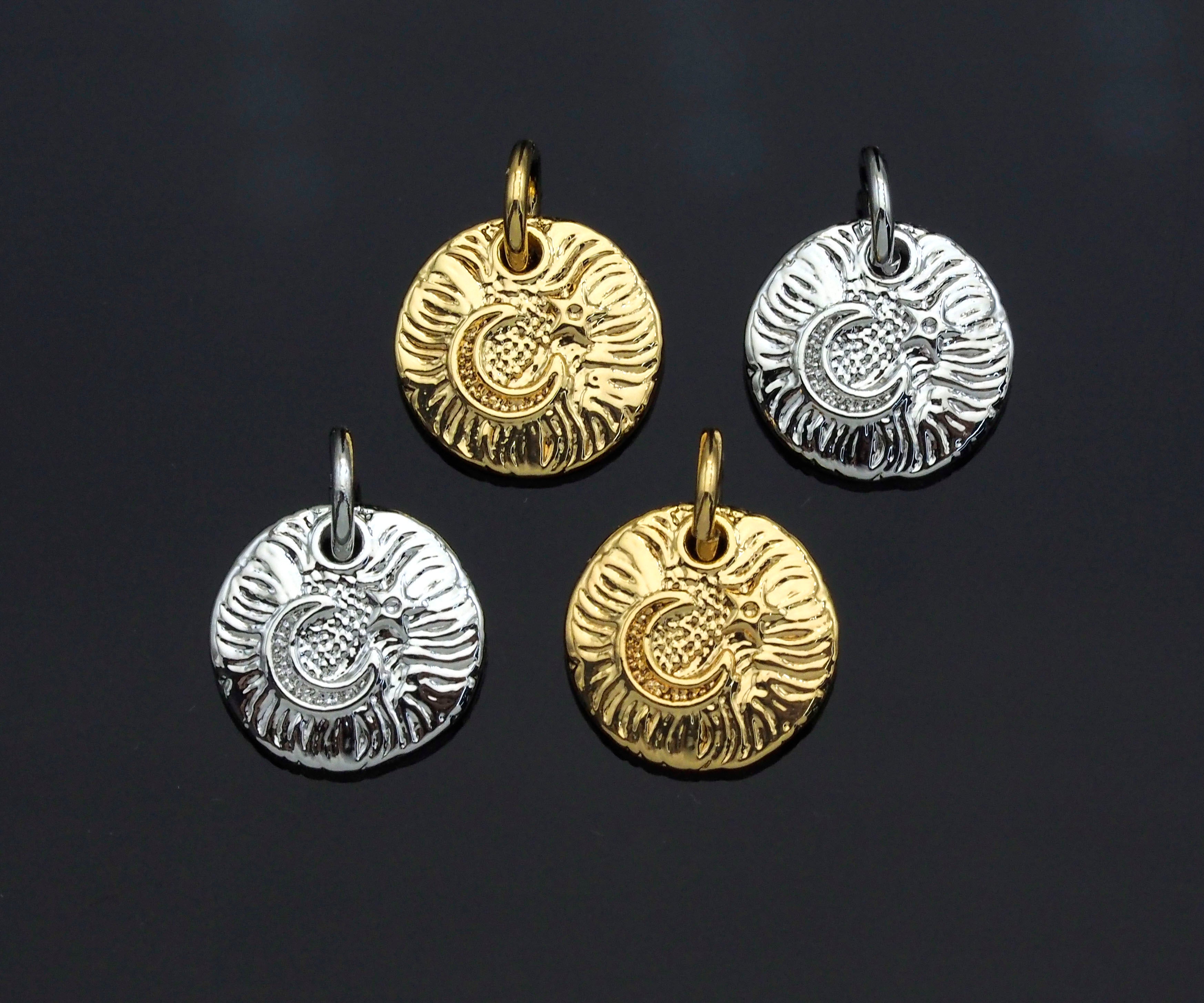 CZ Micro Pave Moon Star On Round Coin Shape Pendant, Gold/Silver Plated Jewelry, Necklace Bracelet Charm Pendant, 10mm,sku#F1230