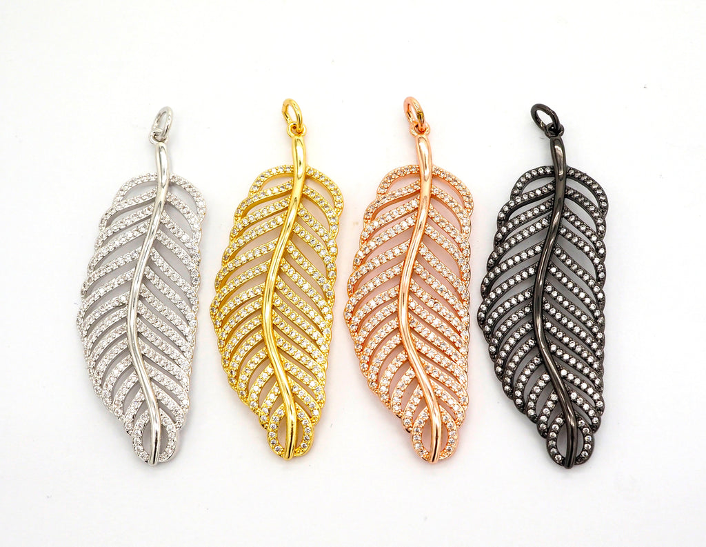 56mm Large CZ Micro Pave Leaf Pendant with Jump Ring, Gold/Silver/Black/Rose Gold Plated, Cubic Zirconia Leaf Pendant/Charm,sku#F512