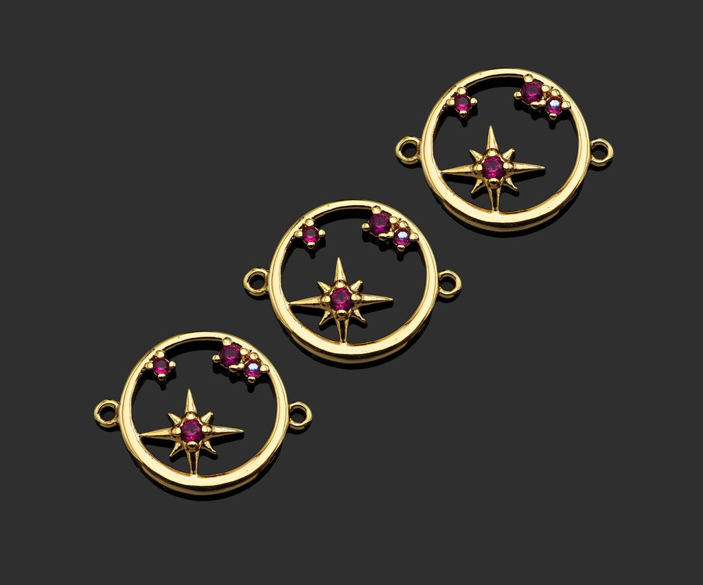 Gold Filled Fuchsia CZ Micro Pave North Star On Round Ring Shape Pendan,14k Gold Filled Charm, Necklace Bracelet Pendant,15x19mm,Sku#CP30