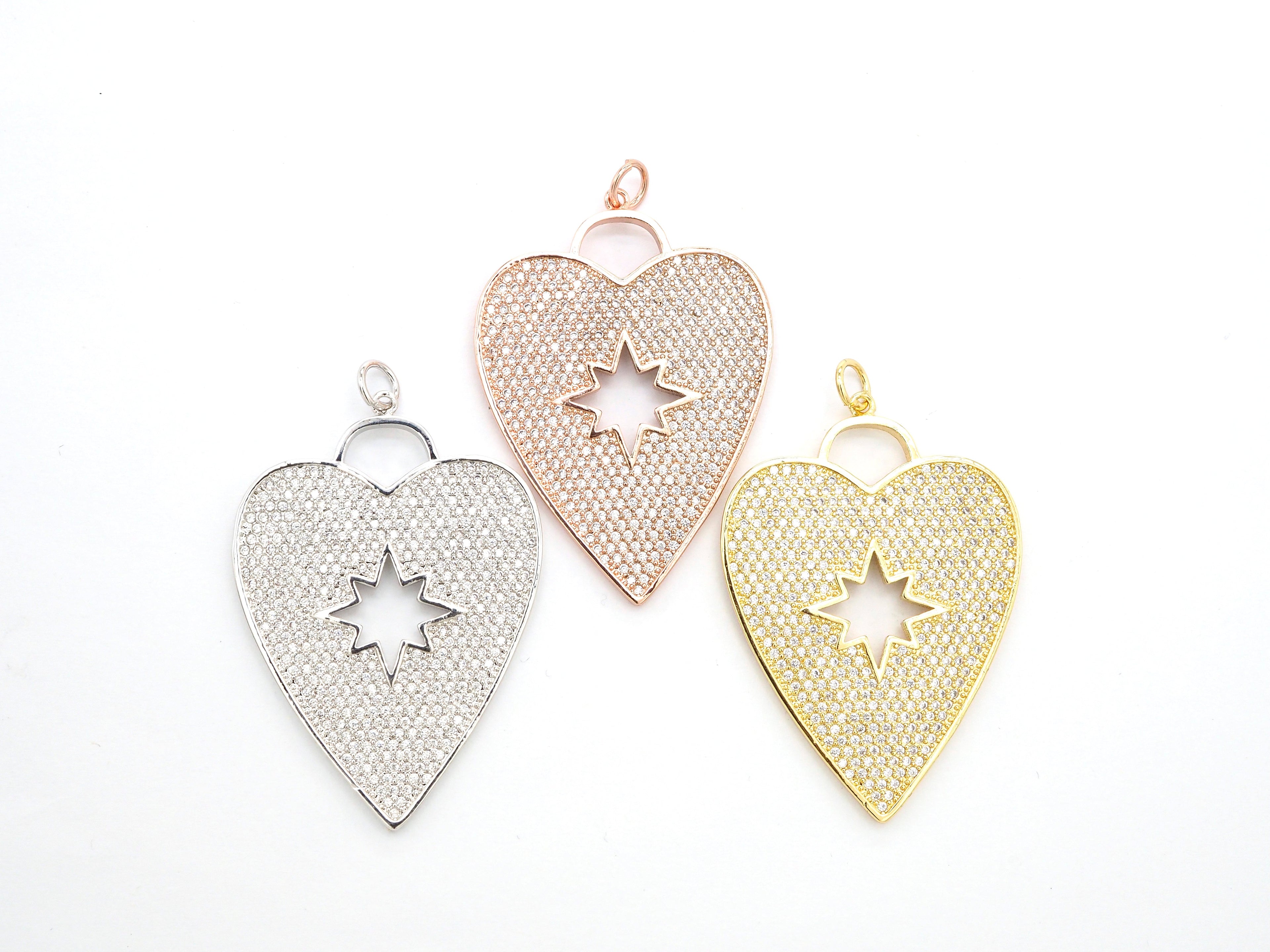 CZ Micro Pave Heart Pendant/Focal with Hollow out Star, Cubic Zirconia Large Heart Pendant Charm,48x33mm,sku#F519