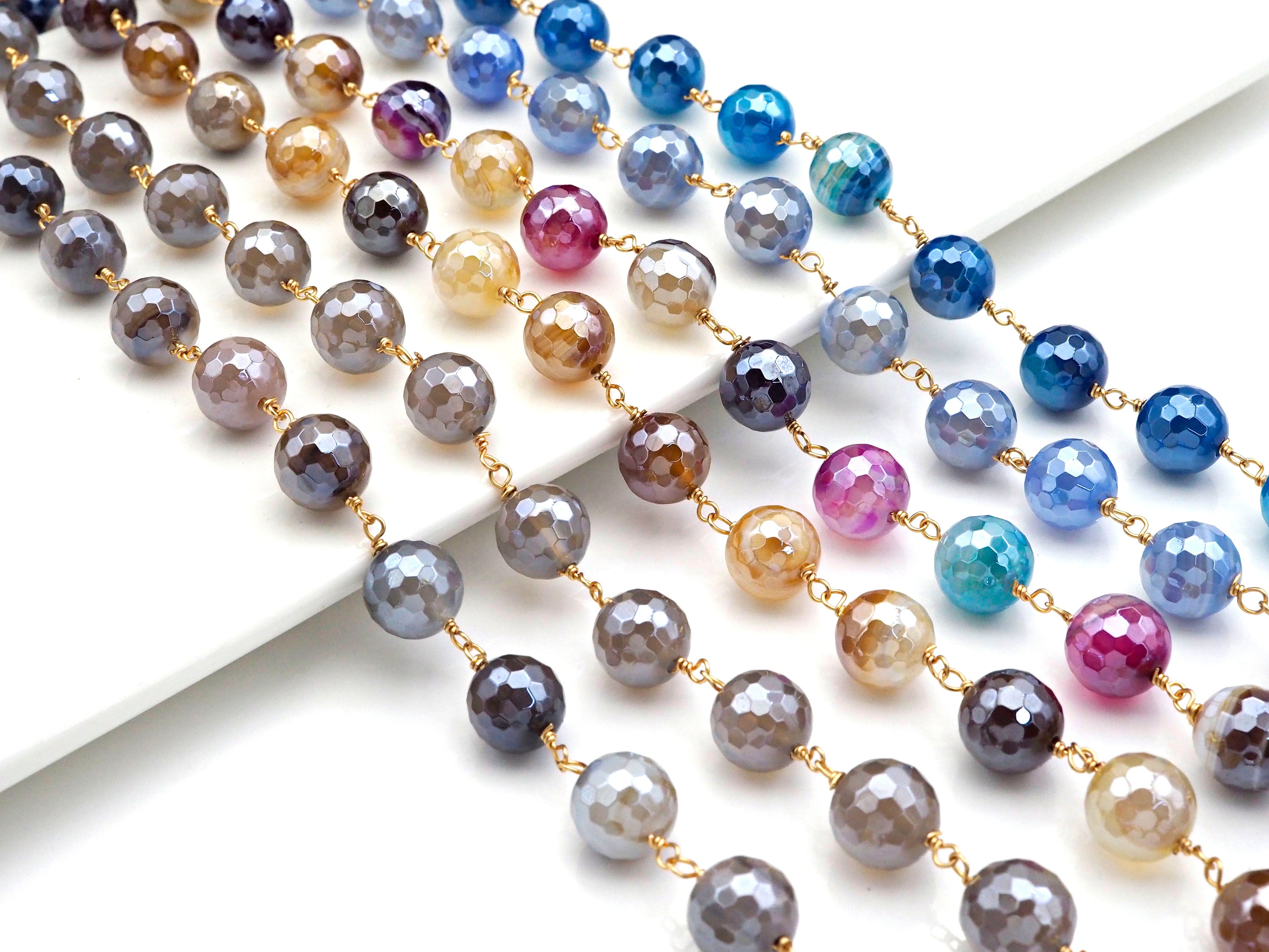 Mystic Agate Brown/Blue/Grey Rosary Chain, 10mm Agate Beaded Chain, Wire Wrapped Gold Chain,Sku#V74