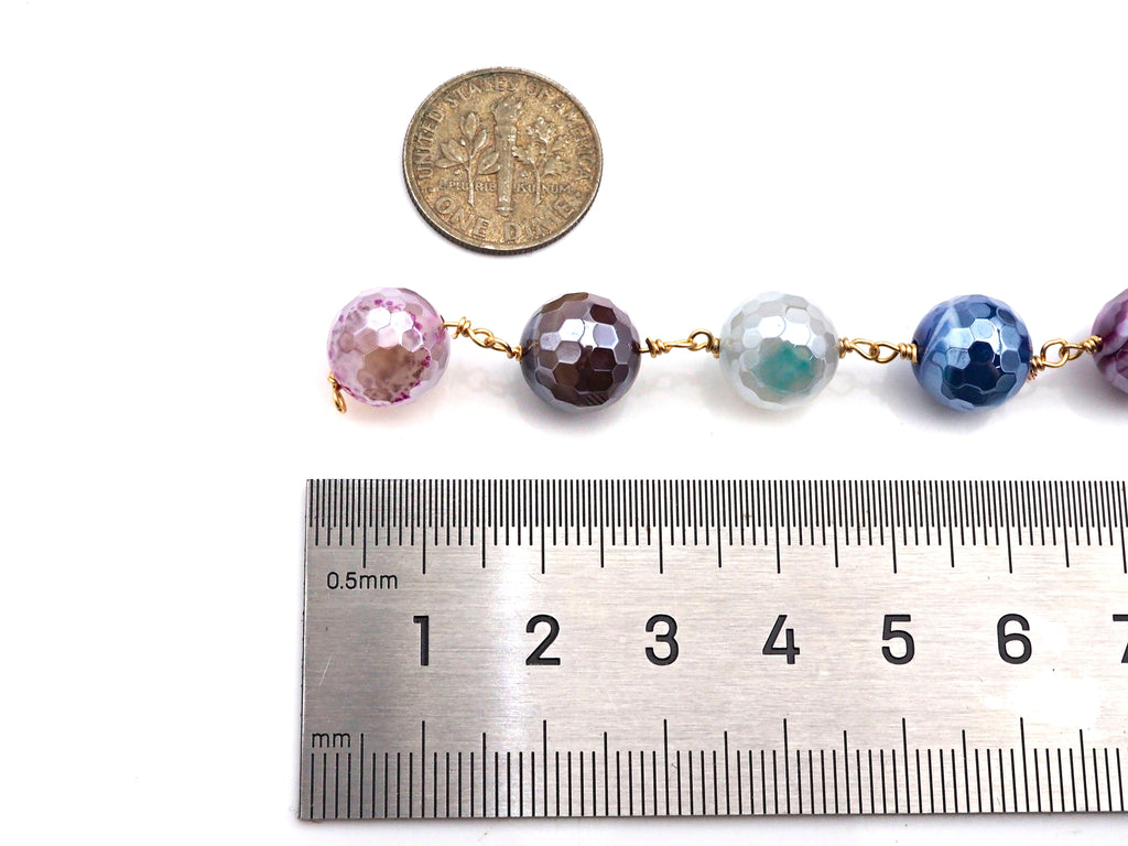 Mystic Agate Brown/Blue/Grey Rosary Chain, 10mm Agate Beaded Chain, Wire Wrapped Gold Chain,Sku#V74