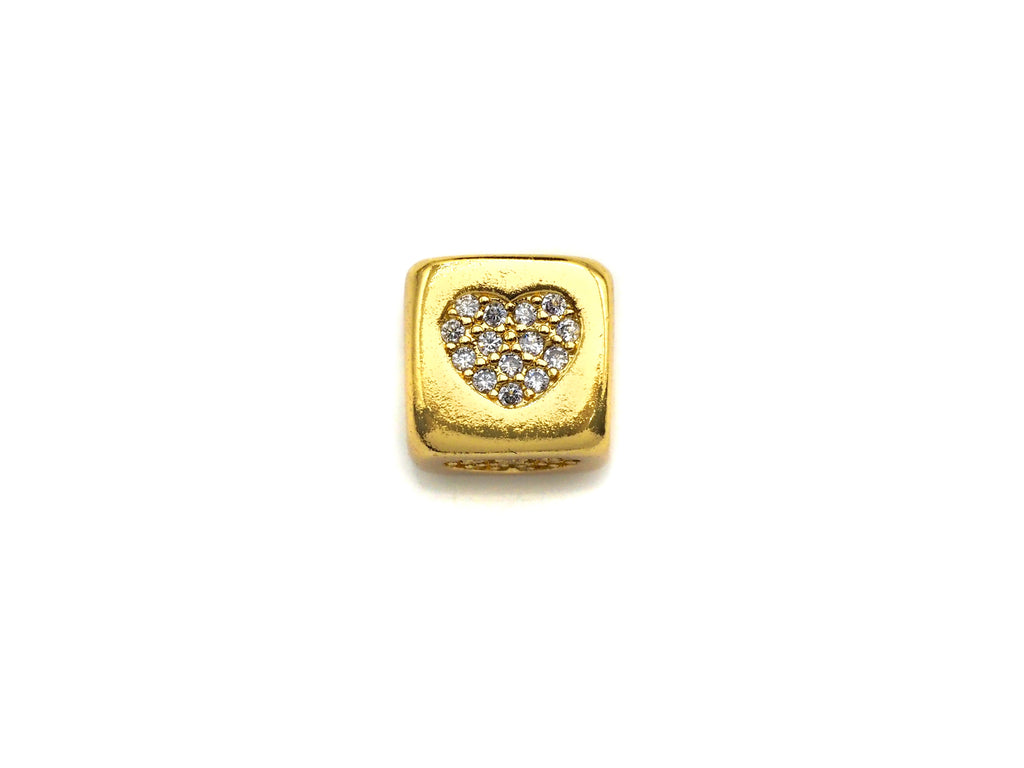 CZ Micro Pave Heart Cube Spacer Beads, Cubic Zirconia Cube Spacer Beads, Gold/Silver Tone, 8.5mm, sku#Z809