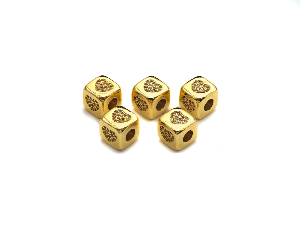CZ Micro Pave Heart Cube Spacer Beads, Cubic Zirconia Cube Spacer Beads, Gold/Silver Tone, 8.5mm, sku#Z809