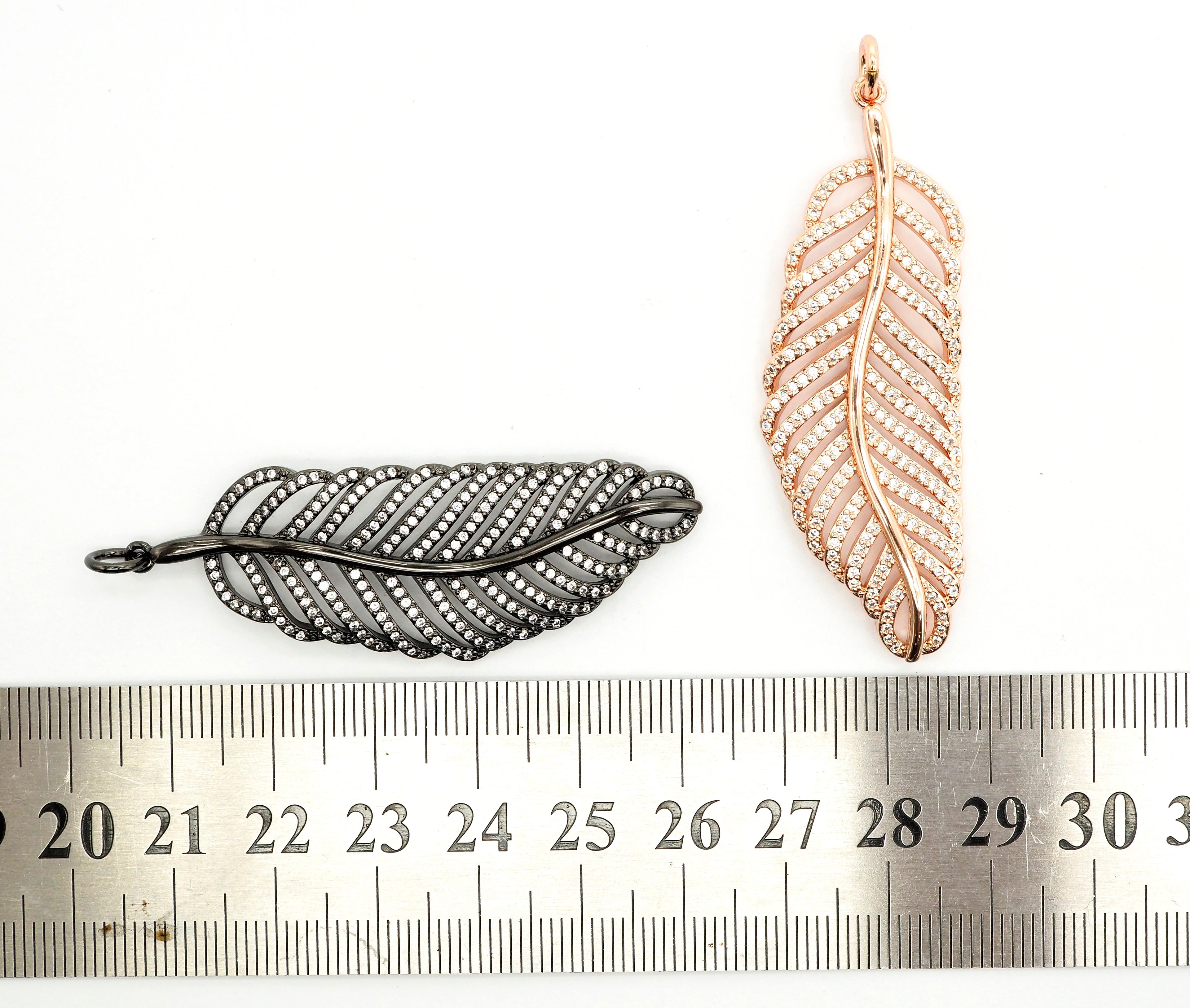 56mm Large CZ Micro Pave Leaf Pendant with Jump Ring, Gold/Silver/Black/Rose Gold Plated, Cubic Zirconia Leaf Pendant/Charm,sku#F512
