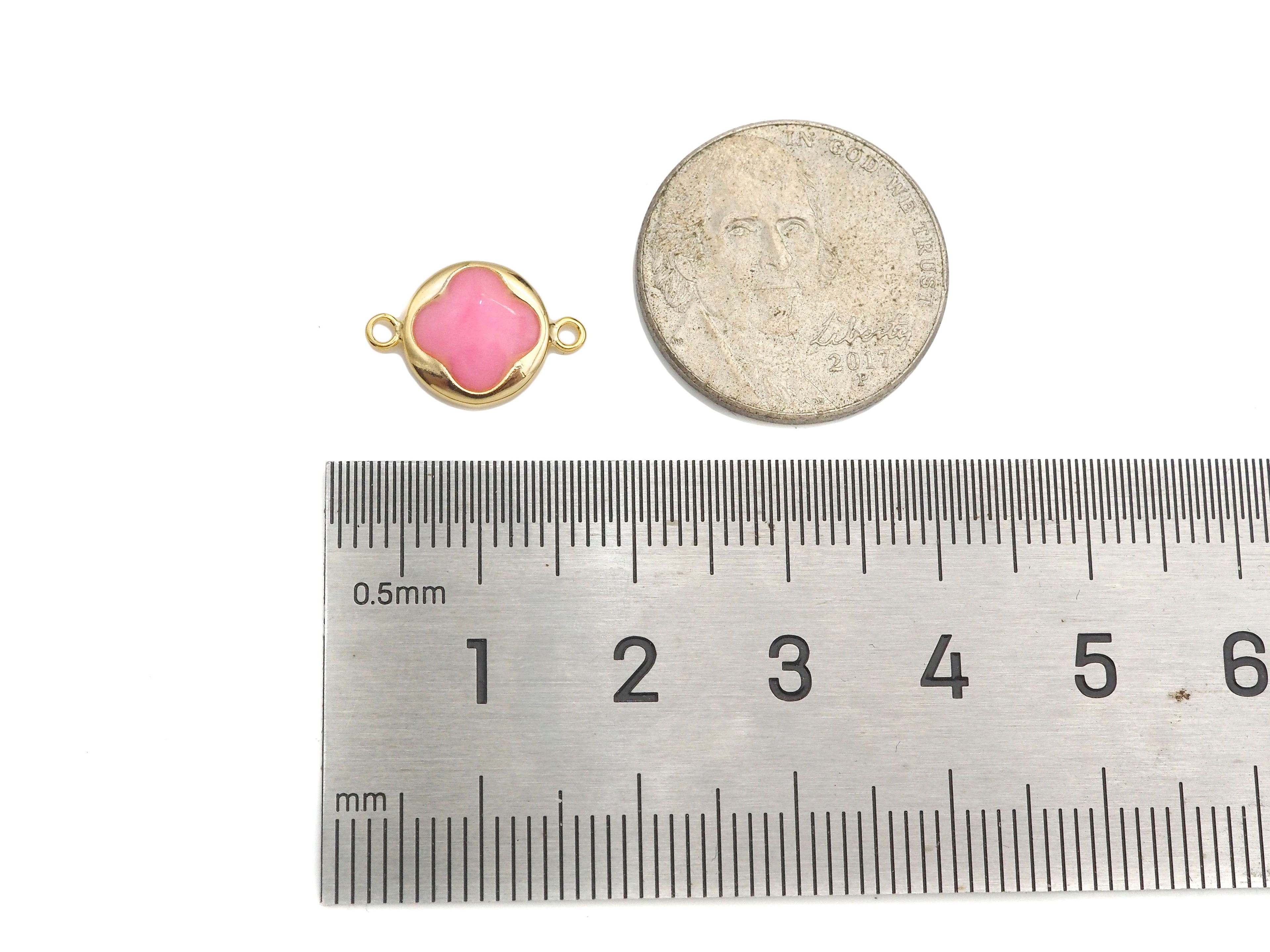 Gold Filled Pink Enamel Clover On Round Coin Shape Connector, 14K Gold Filled Clover Links, Necklace Bracelet Connector, 10x15mm, Sku#CP31