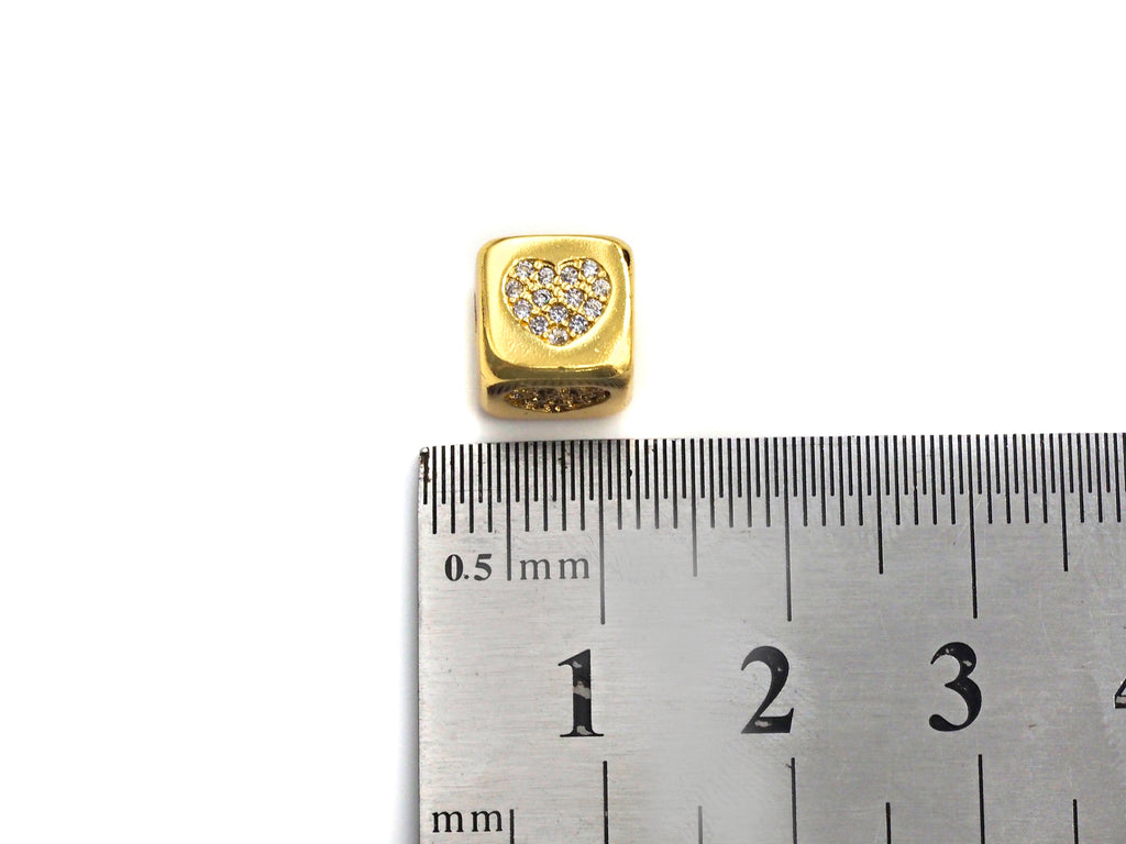 CZ Micro Pave Heart Cube Spacer Beads, Cubic Zirconia Cube Spacer Beads, Gold/Silver Tone, 8.5mm, sku#Z809