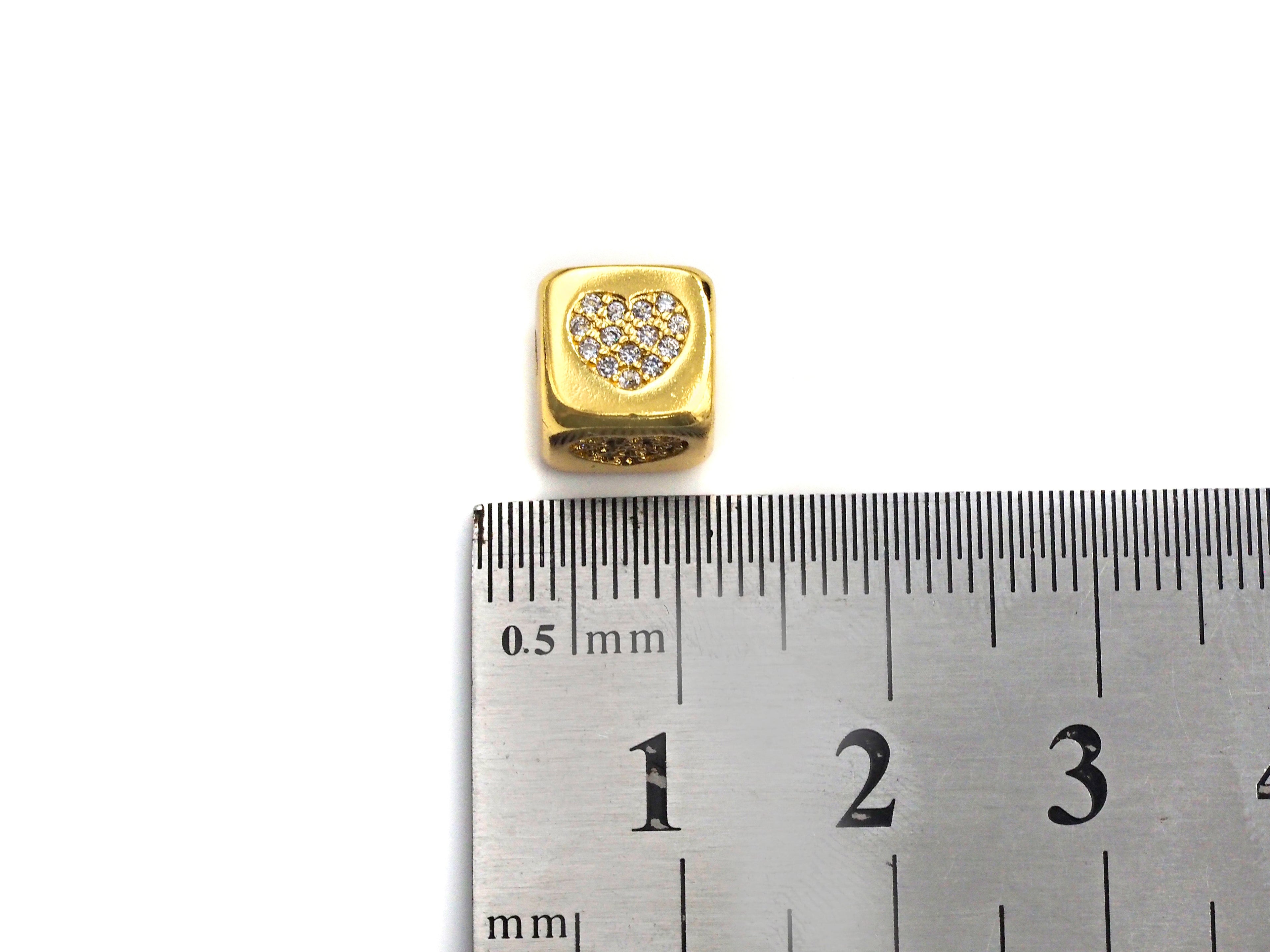 CZ Micro Pave Heart Cube Spacer Beads, Cubic Zirconia Cube Spacer Beads, Gold/Silver Tone, 8.5mm, sku#Z809