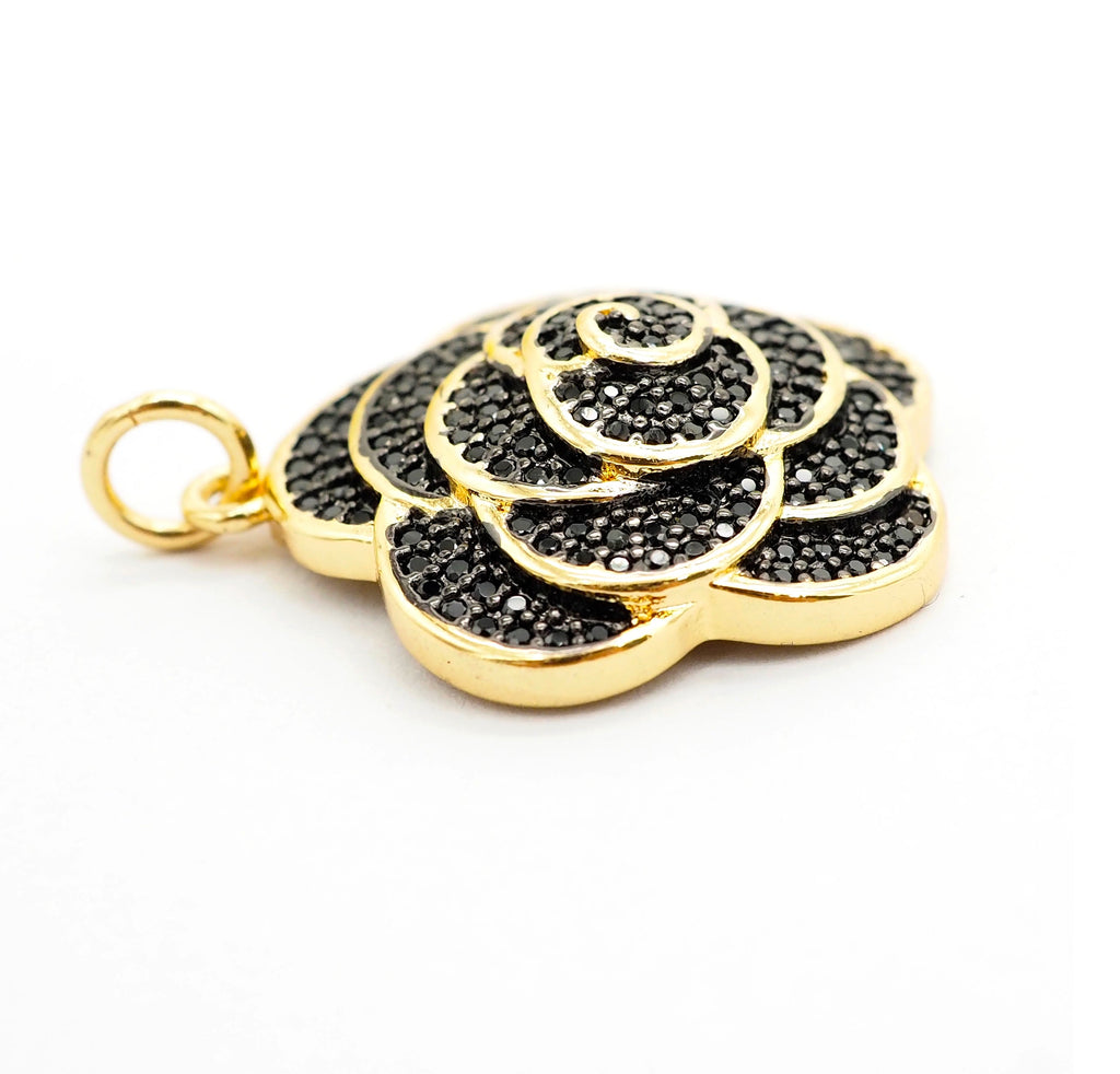 CZ Micro Pave 3D Rose Flower Pendant/Charm,Cubic Zirconia Paved Charm,Green/Fuchsia/Black,23x25mm,sku#F494