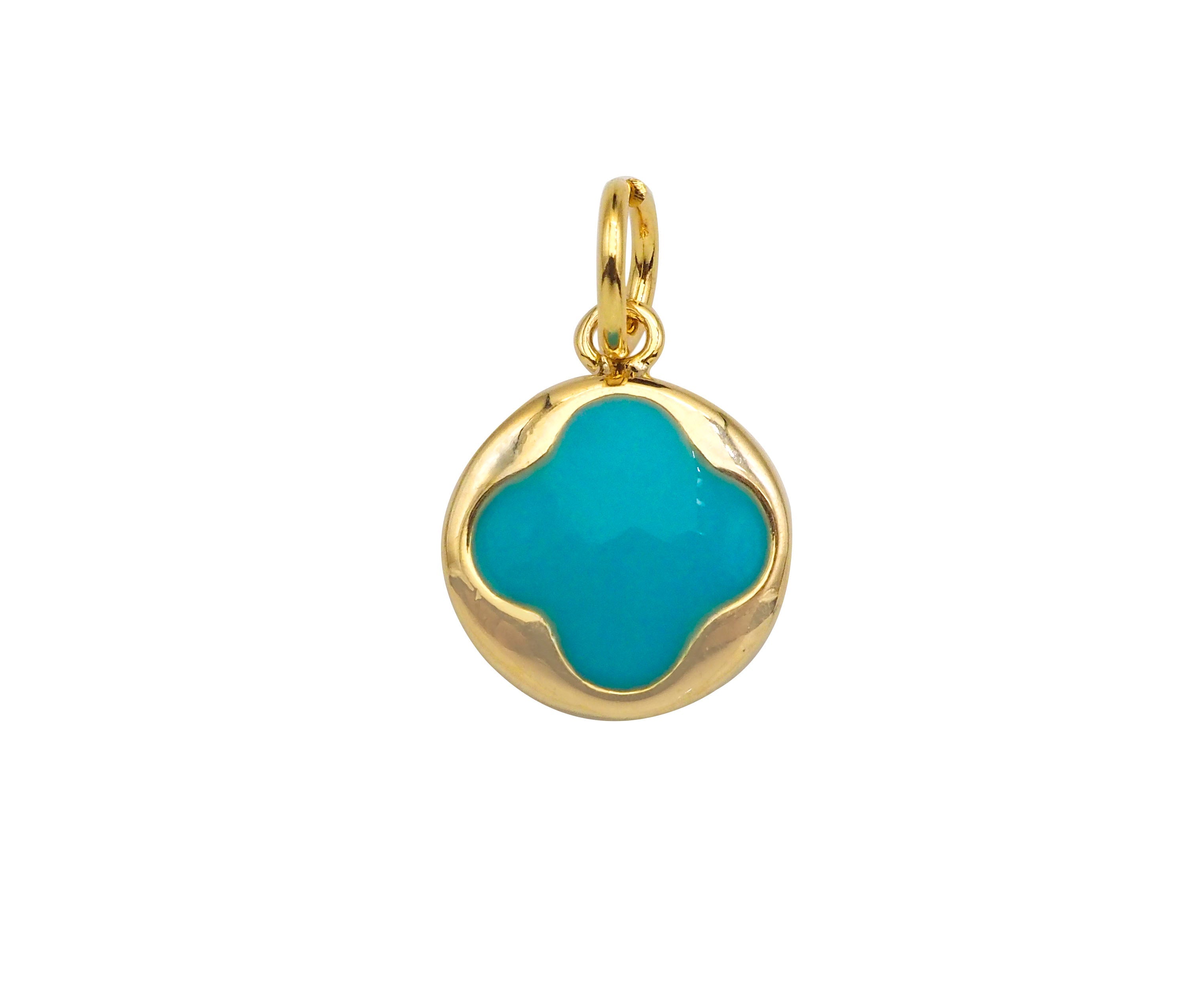 Gold Filled Colorful Clover On Round Shape Pendant, 14K Gold Filled White/Black/Pink/Blue Charm, Necklace Bracelet Charm, 10x12mm, Sku#CP33