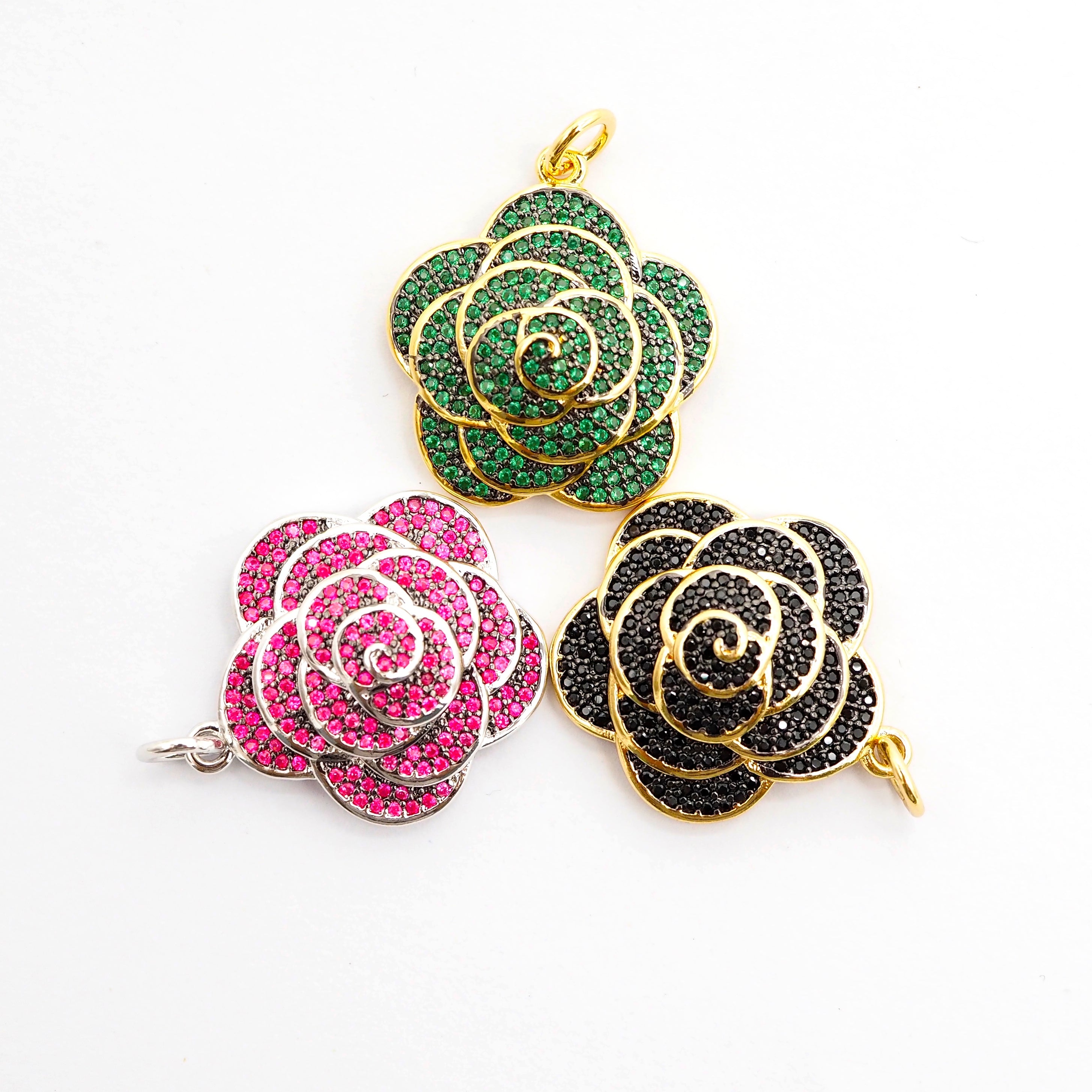 CZ Micro Pave 3D Rose Flower Pendant/Charm,Cubic Zirconia Paved Charm,Green/Fuchsia/Black,23x25mm,sku#F494
