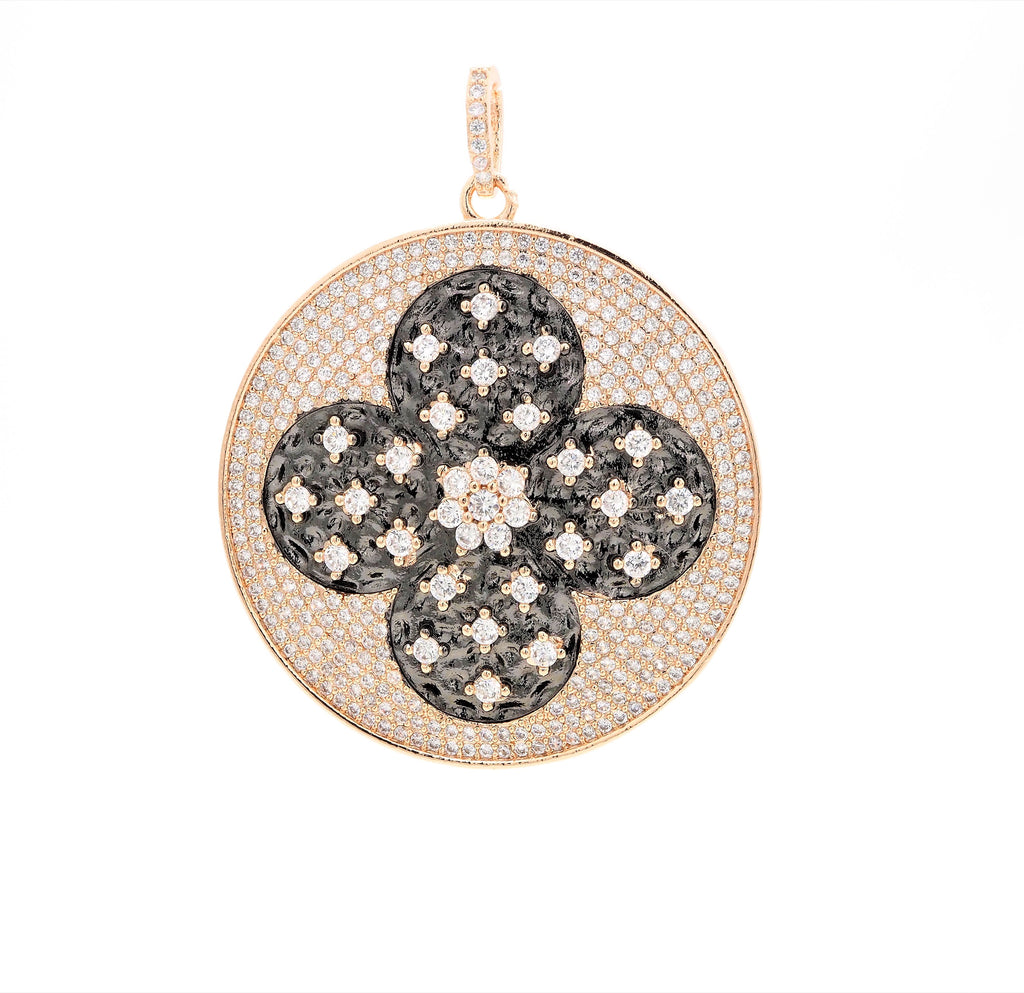 19mm/38mm CZ Dual Color Clover Flower Round Charm, Sku#F549c