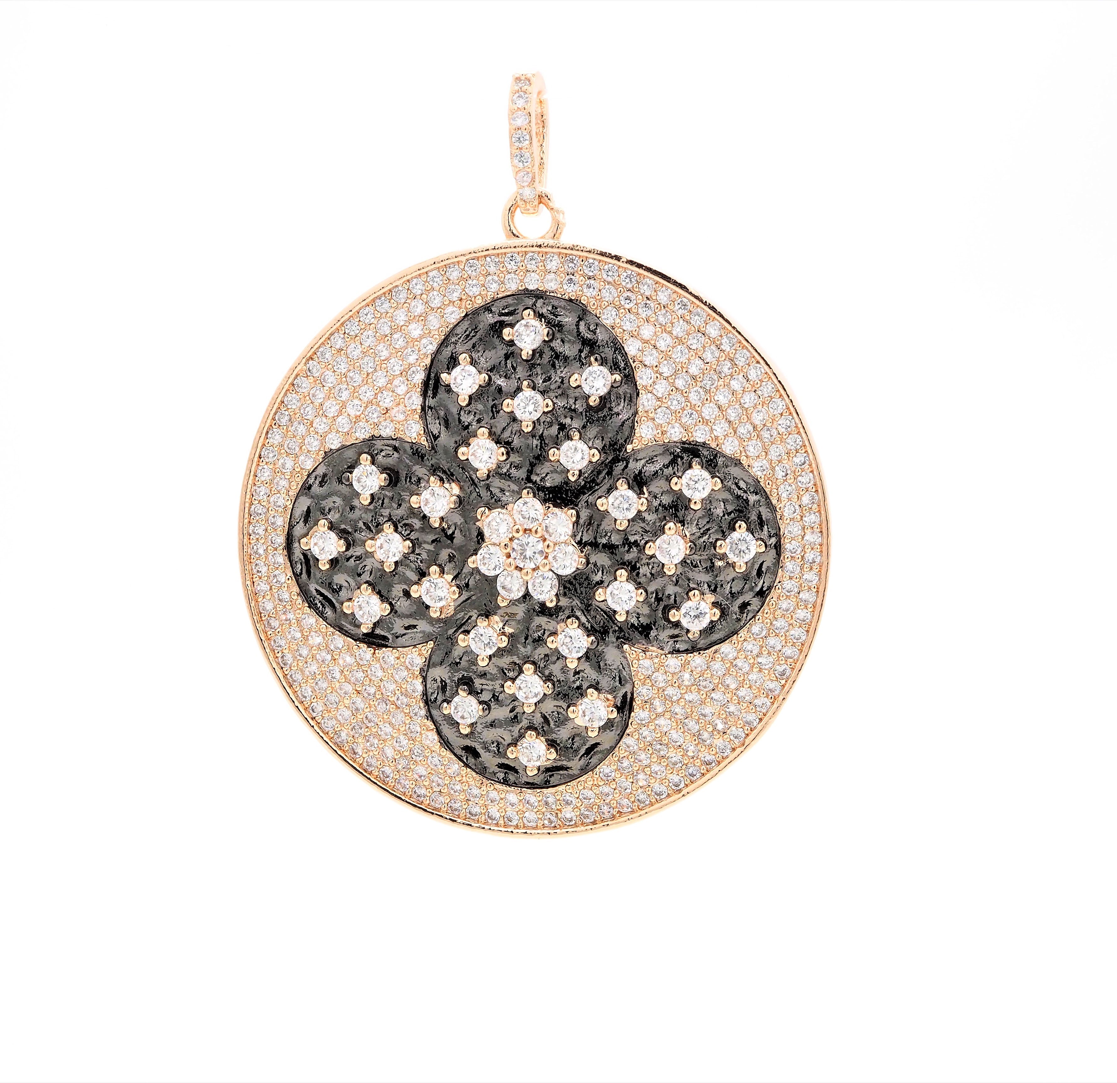 19mm/38mm CZ Dual Color Clover Flower Round Charm, Sku#F549c