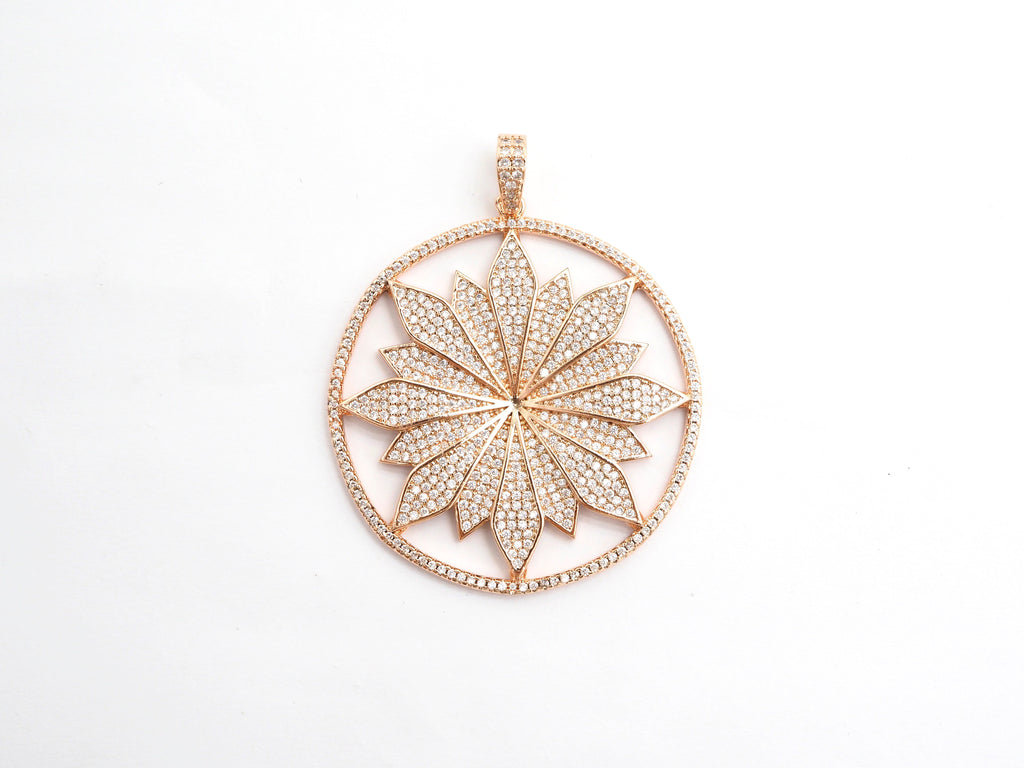 40mm Large CZ Micro Pave Hollow out Flower Round Disc Pendant, Cubic Zirconia Rose Gold/Gold/Silver/Black Focal Pendant, 46x43mm, F546C
