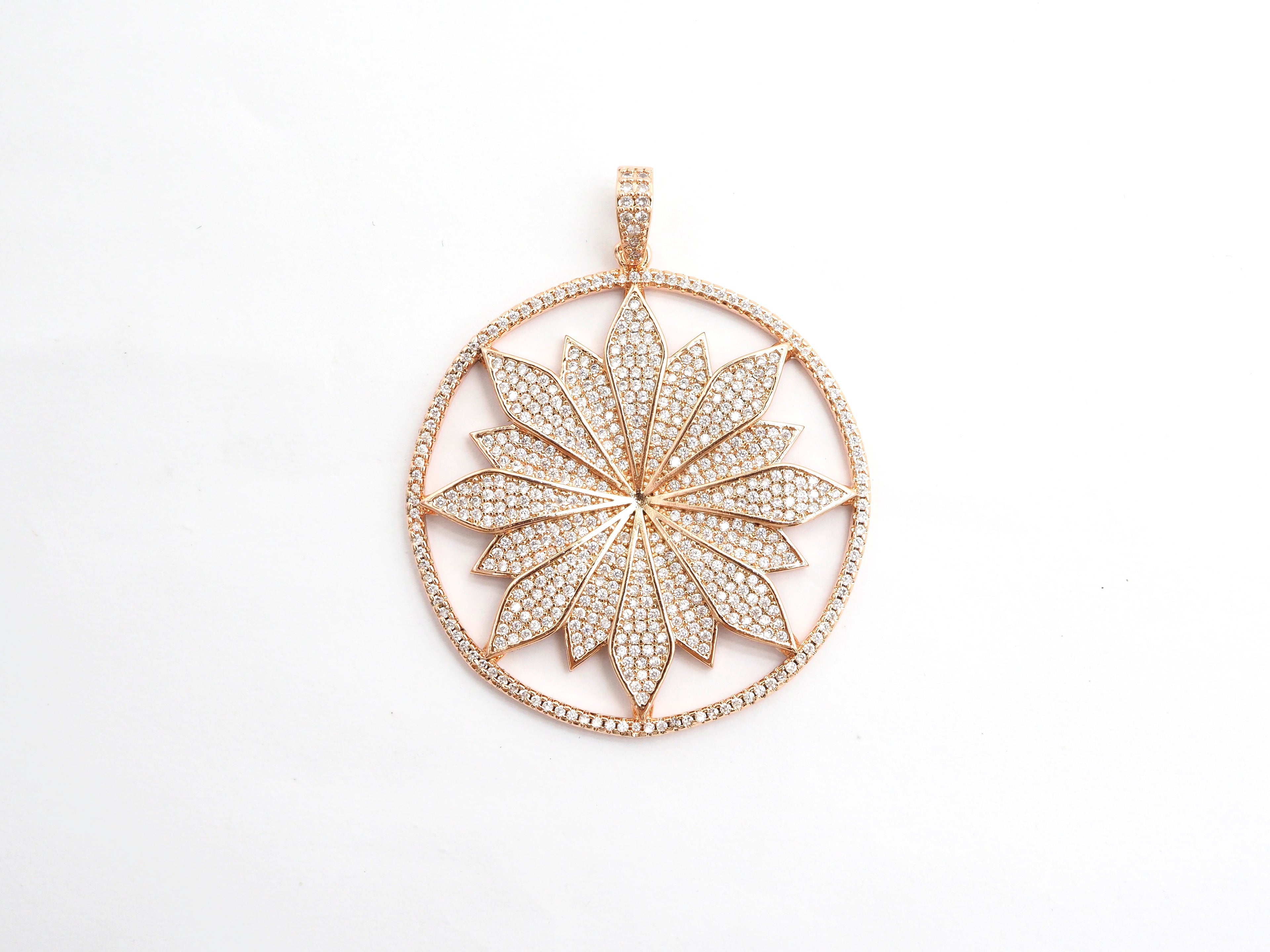 40mm Large CZ Micro Pave Hollow out Flower Round Disc Pendant, Cubic Zirconia Rose Gold/Gold/Silver/Black Focal Pendant, 46x43mm, F546C