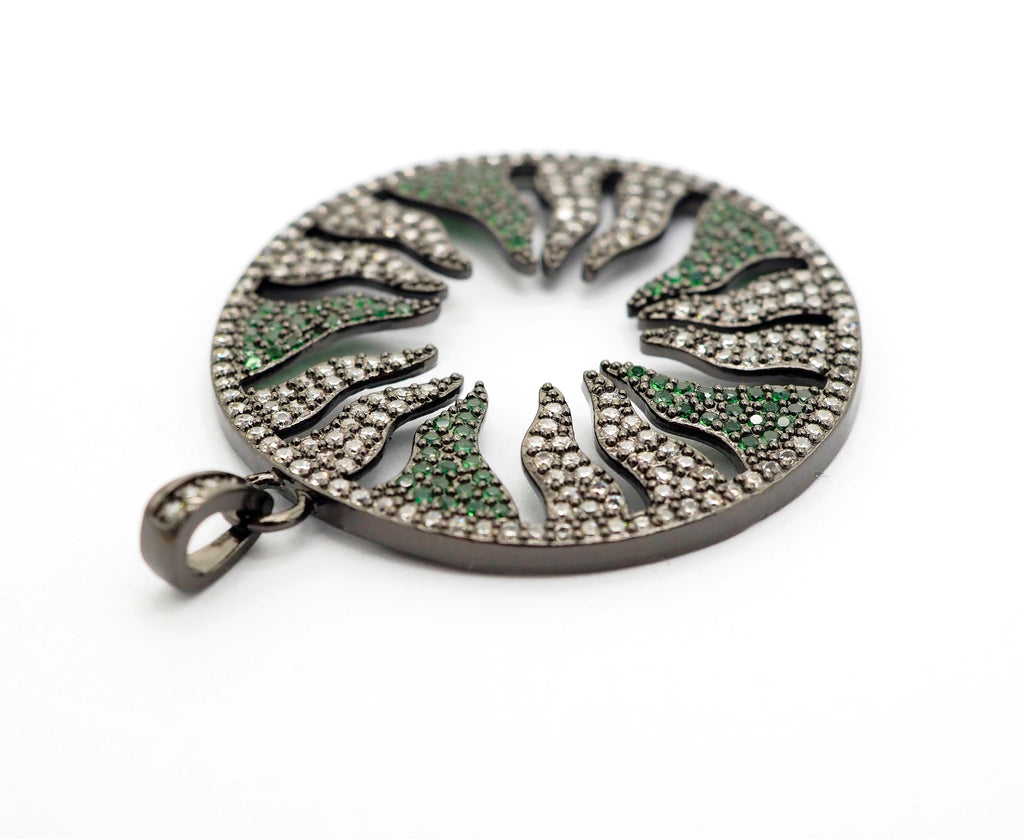 Large CZ Micro Pave Hollow out Flower/Flame Pendant/Charm,Green/Black/Fuchsia/Cobalt Cubic Zirconia Pendant, Black plated, 38mm, sku#F496C