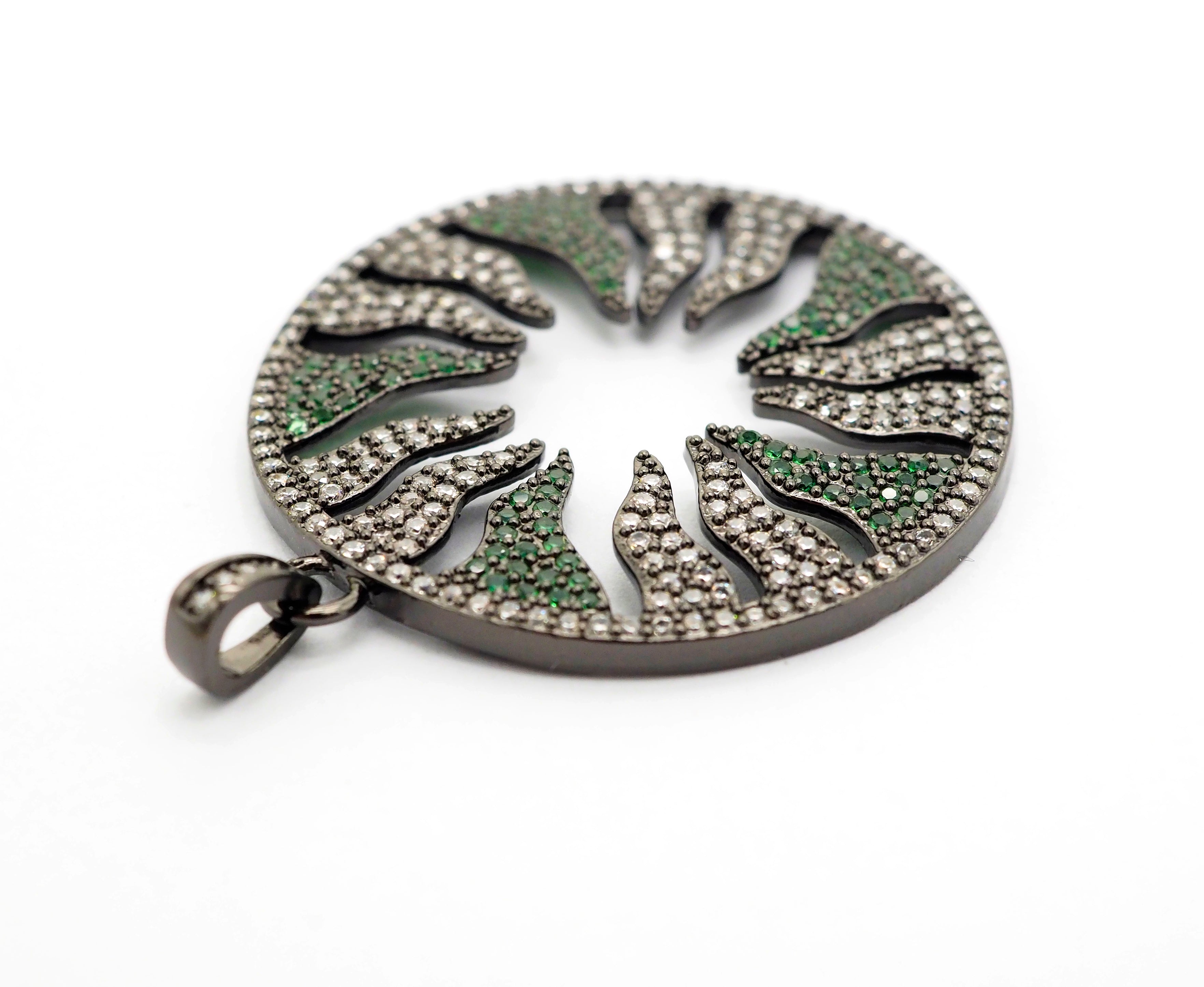 Large CZ Micro Pave Hollow out Flower/Flame Pendant/Charm,Green/Black/Fuchsia/Cobalt Cubic Zirconia Pendant, Black plated, 38mm, sku#F496C