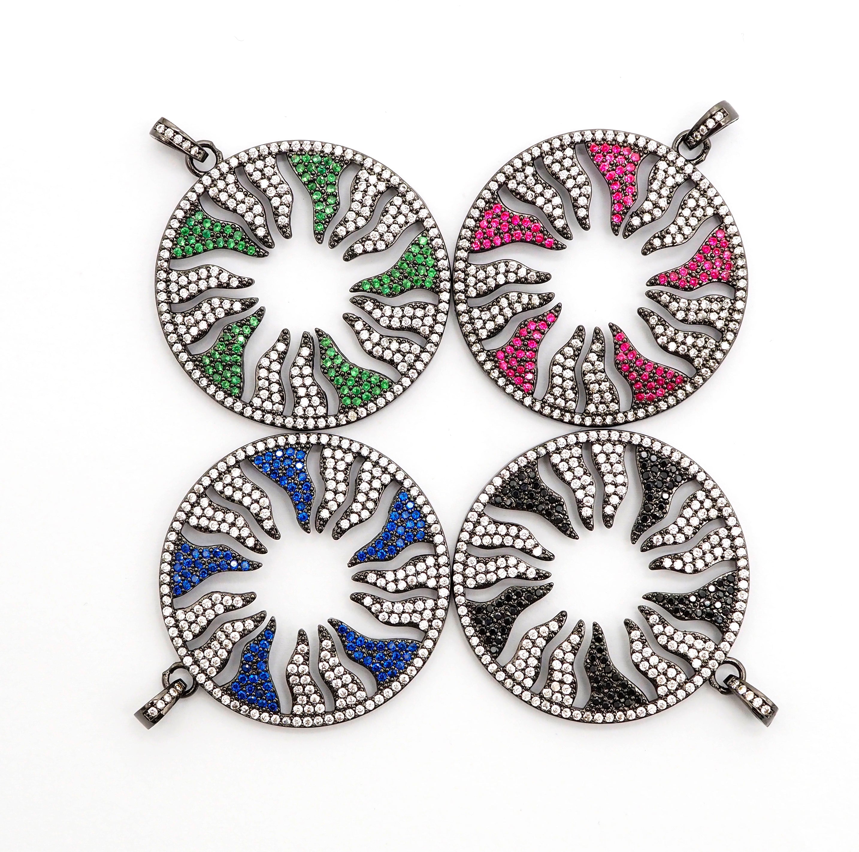 Large CZ Micro Pave Hollow out Flower/Flame Pendant/Charm,Green/Black/Fuchsia/Cobalt Cubic Zirconia Pendant, Black plated, 38mm, sku#F496C