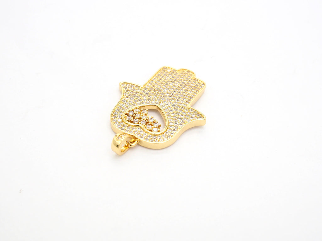 CZ Micro Pave Hamsa Hand with Heart Pendant, Cubic Zirconia Large Hamsa hand Pendant, Gold/Silver/Black/Rose Gold 27x35mm,SKU#F521