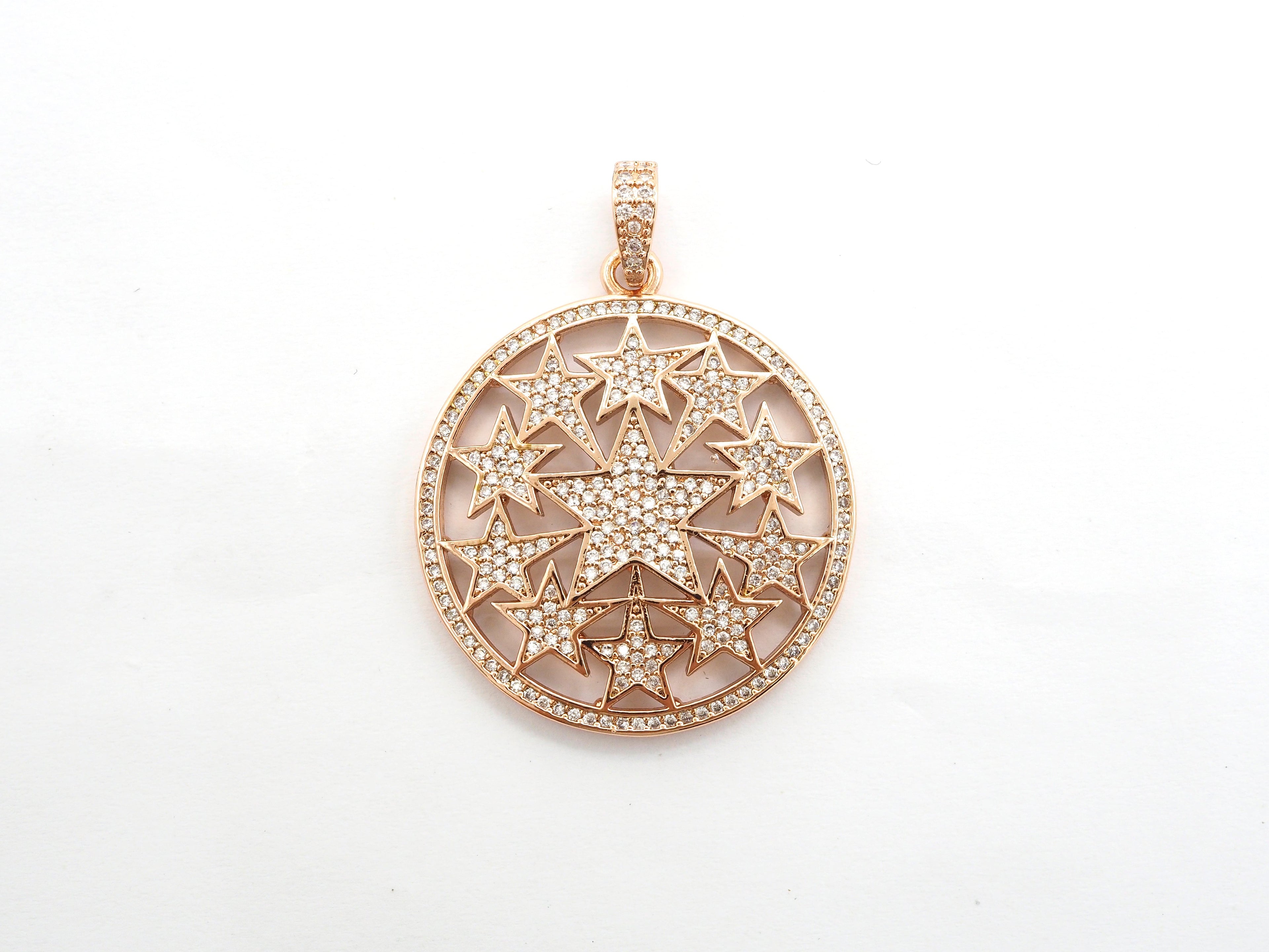 30mm Large CZ Micro Pave Hollow out Star Disc Pendant, Cubic Zirconia Filigree Rose Gold/Gold/Silver/Black Focal Pendant, 33x37mm, F547