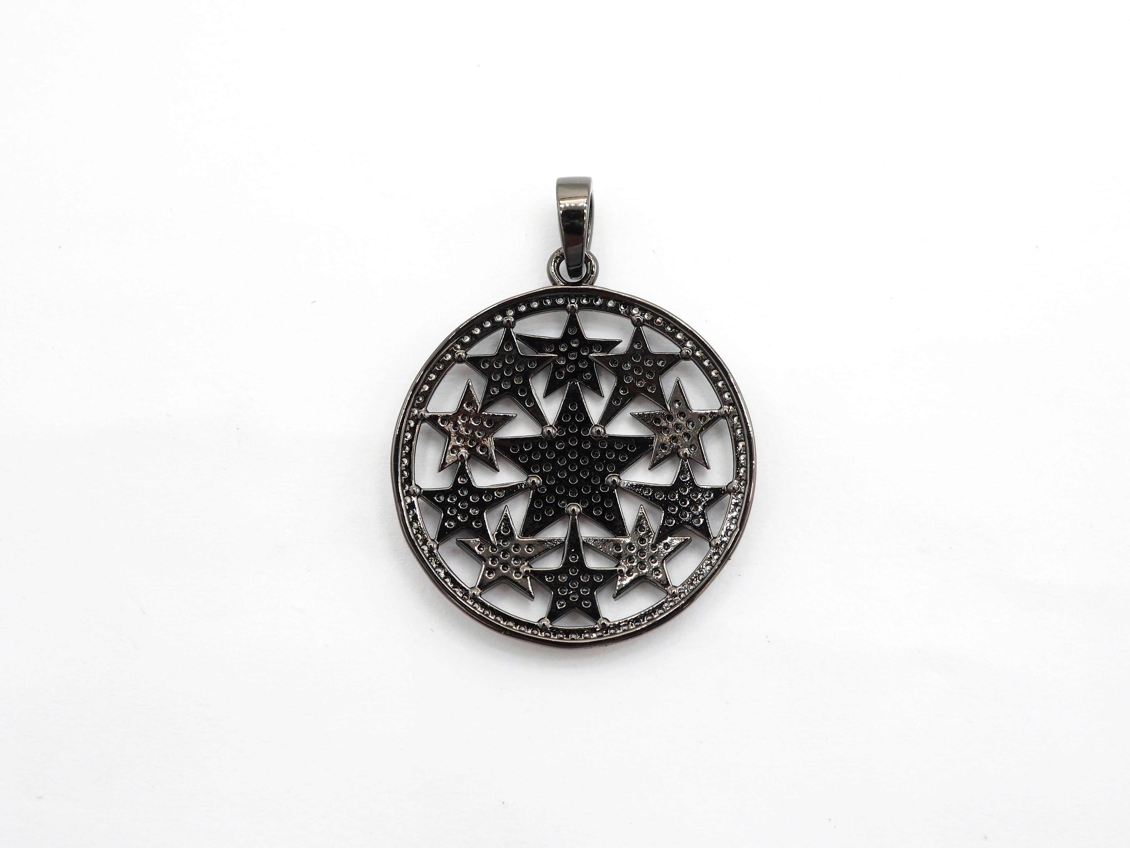 30mm Large CZ Micro Pave Hollow out Star Disc Pendant, Cubic Zirconia Filigree Rose Gold/Gold/Silver/Black Focal Pendant, 33x37mm, F547