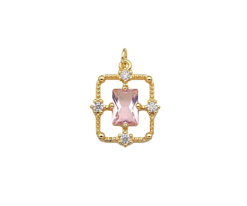 Gold Filled CZ Micro Pave Rectangle Shape Pendant, 14K Gold Filled Red/Pink/Blue Quartz Charm, Necklace Bracelet Charm, 14x18mm, Sku#ZX13
