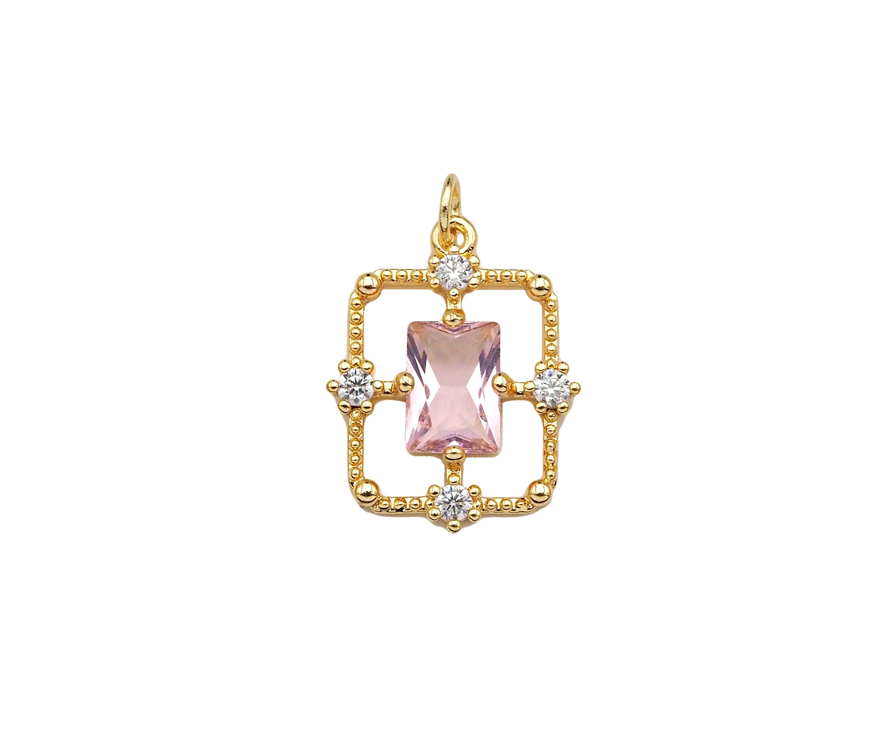 Gold Filled CZ Micro Pave Rectangle Shape Pendant, 14K Gold Filled Red/Pink/Blue Quartz Charm, Necklace Bracelet Charm, 14x18mm, Sku#ZX13