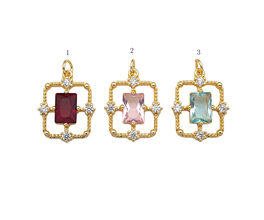 Gold Filled CZ Micro Pave Rectangle Shape Pendant, 14K Gold Filled Red/Pink/Blue Quartz Charm, Necklace Bracelet Charm, 14x18mm, Sku#ZX13