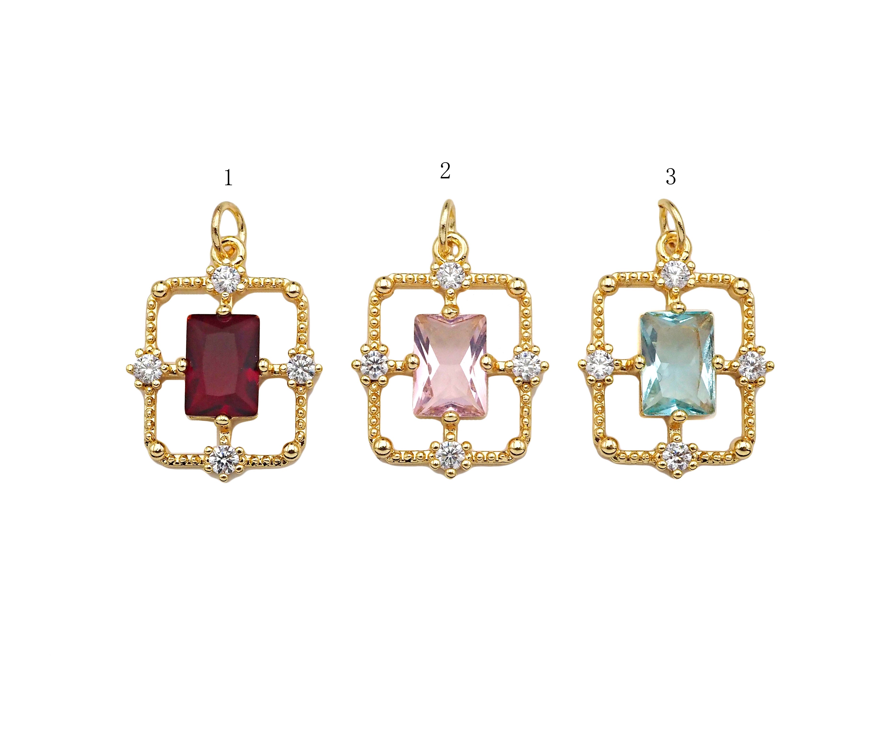 Gold Filled CZ Micro Pave Rectangle Shape Pendant, 14K Gold Filled Red/Pink/Blue Quartz Charm, Necklace Bracelet Charm, 14x18mm, Sku#ZX13