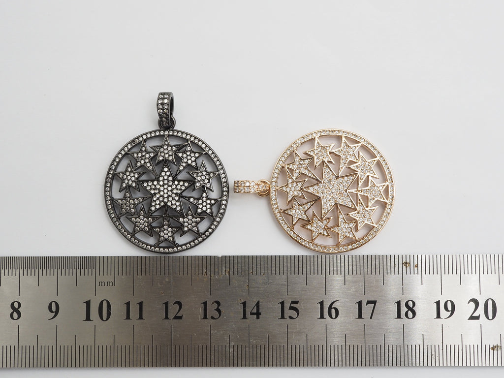 30mm Large CZ Micro Pave Hollow out Star Disc Pendant, Cubic Zirconia Filigree Rose Gold/Gold/Silver/Black Focal Pendant, 33x37mm, F547
